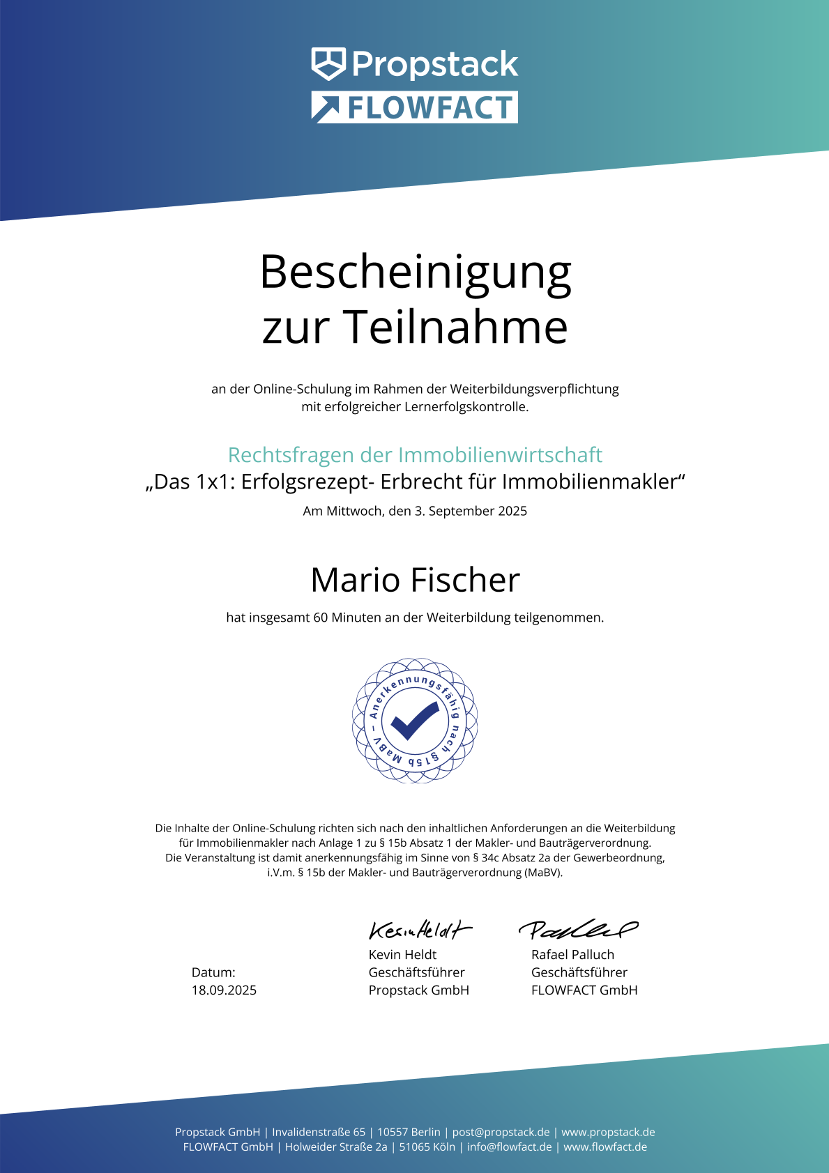 Teilnahmebescheinigung von Propstack FlowFact für Mario Fischer zum Erbrecht, September 2025