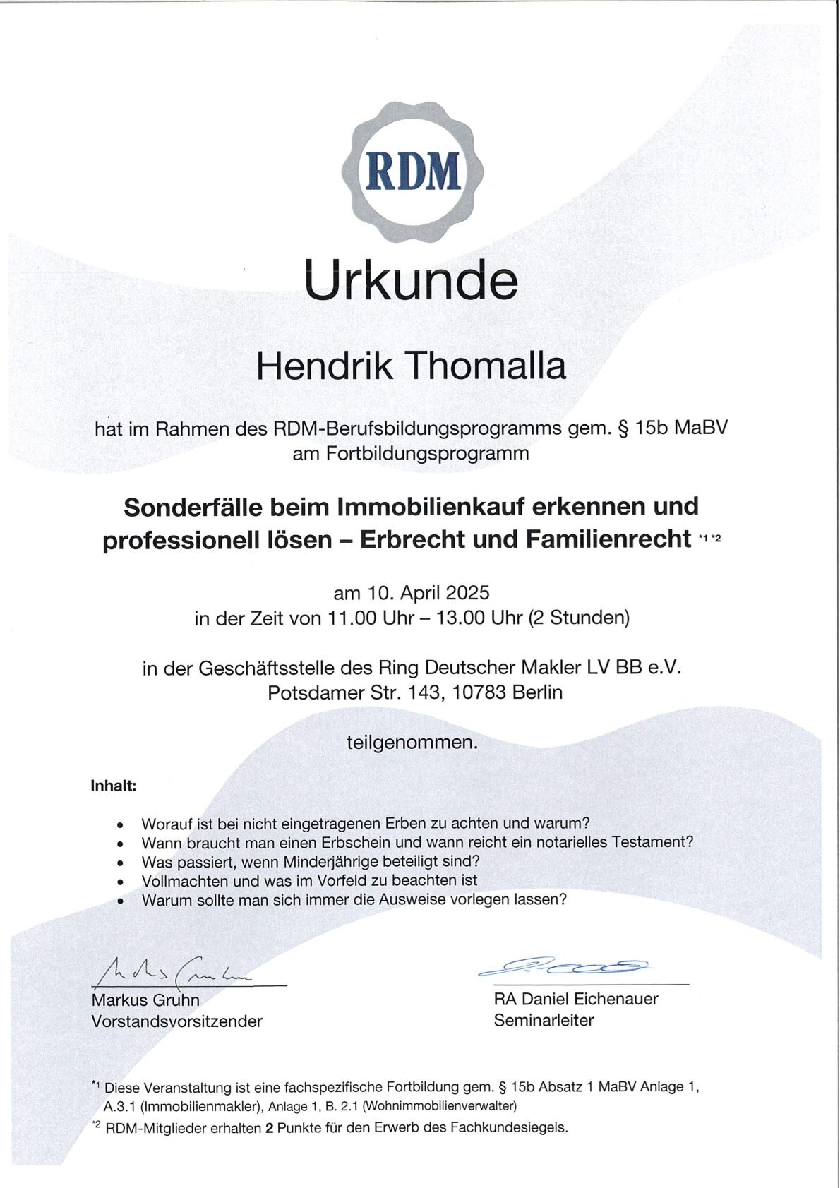 Fortbildungsurkunde des Ring Deutscher Makler für Hendrik Thomalla zum Erbrecht, April 2025