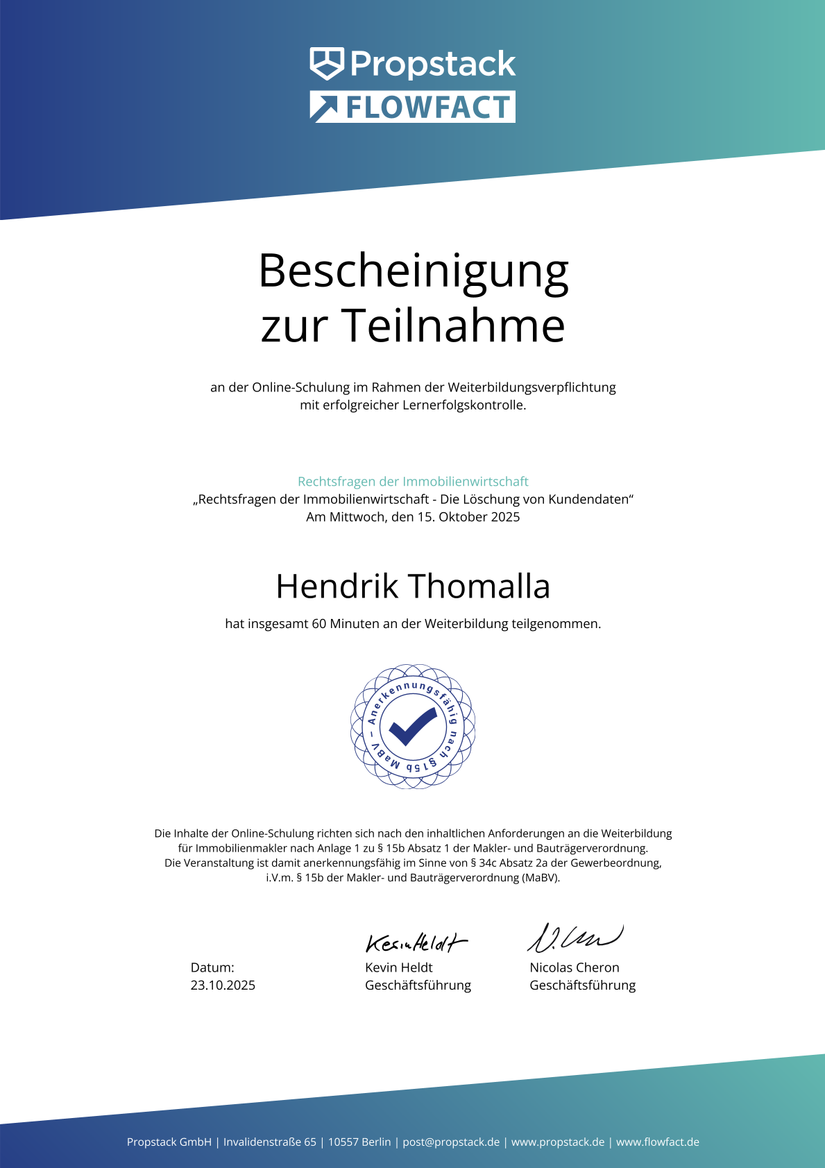 Teilnahmebescheinigung von Propstack FlowFact für Hendrik Thomalla zu Rechtsfragen, Oktober 2025
