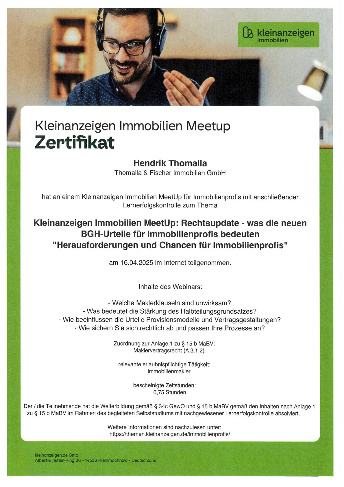 Zertifikat des Kleinanzeigen Immobilien Meetups für Hendrik Thomalla zum Rechtsupdate, April 2025