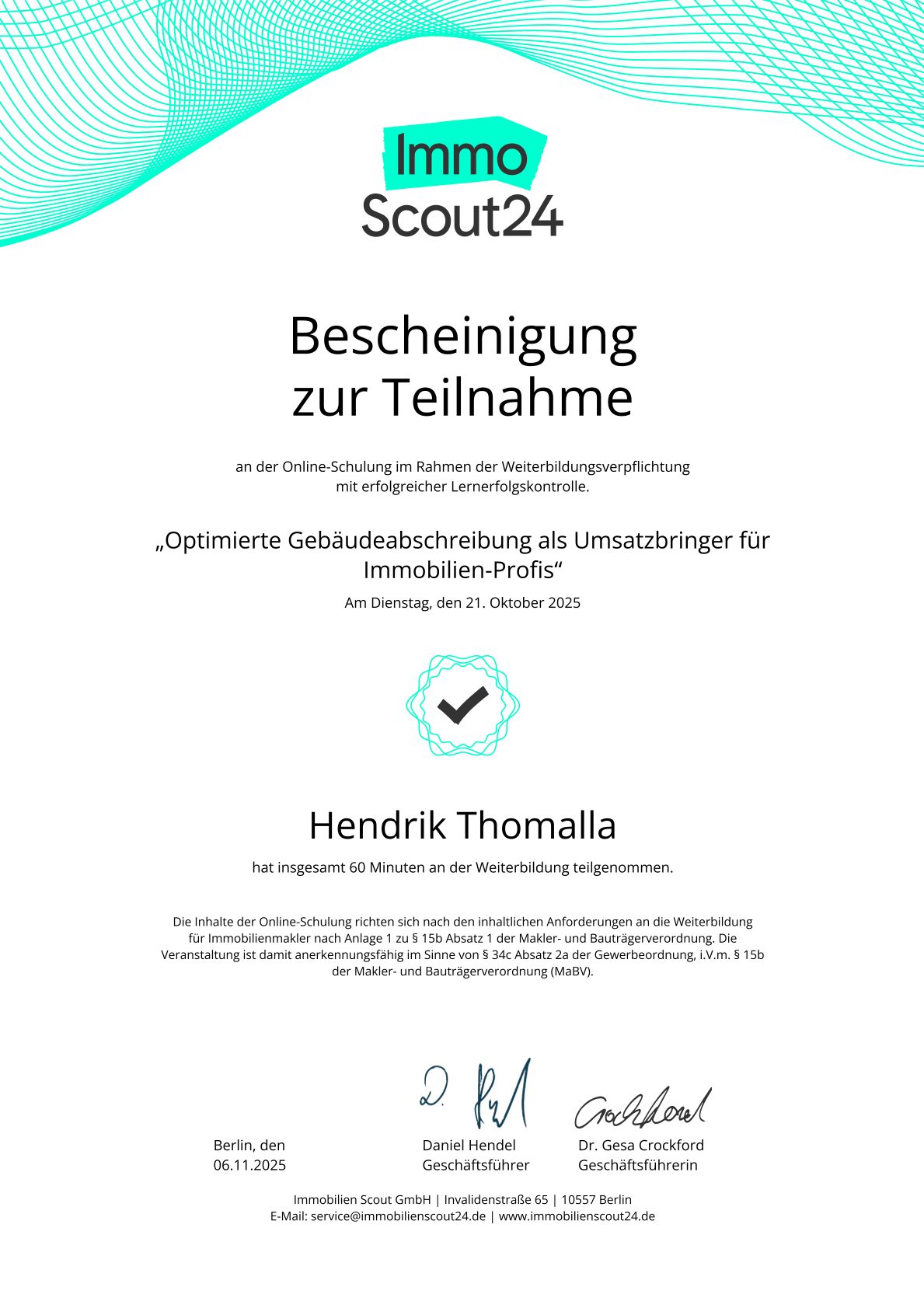 Teilnahmebescheinigung von ImmoScout24 für Hendrik Thomalla zur Abschreibung, Oktober 2025