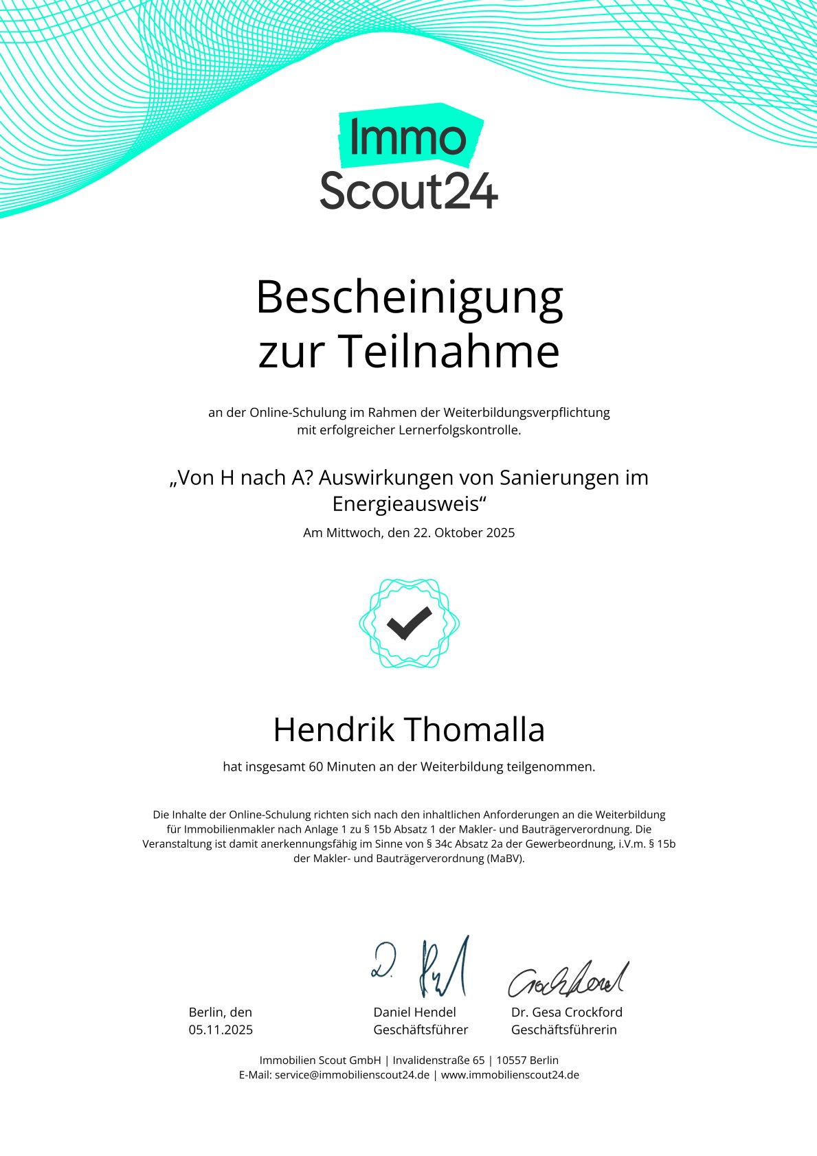 Teilnahmebescheinigung von ImmoScout24 für Hendrik Thomalla, 22. Oktober 2025