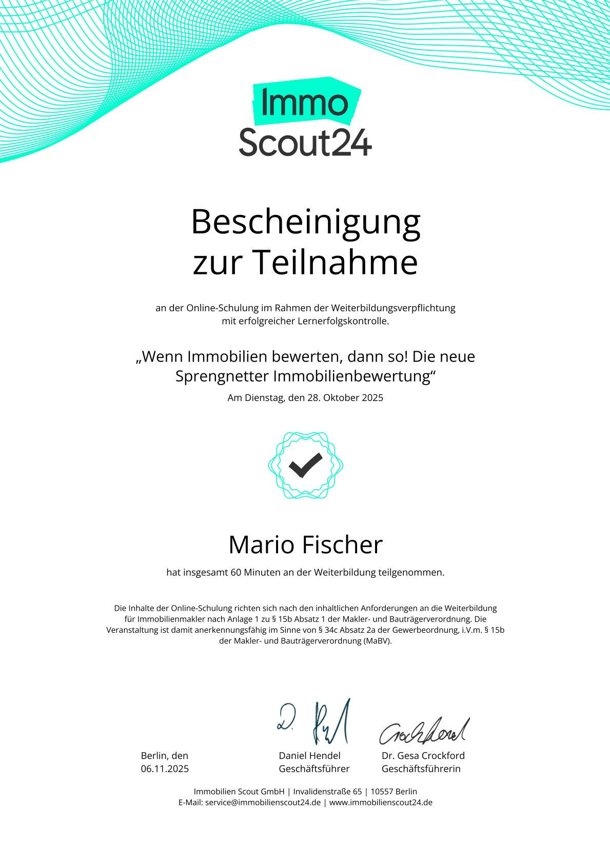 Teilnahmebescheinigung von ImmoScout24 für Mario Fischer, 28. Oktober 2025