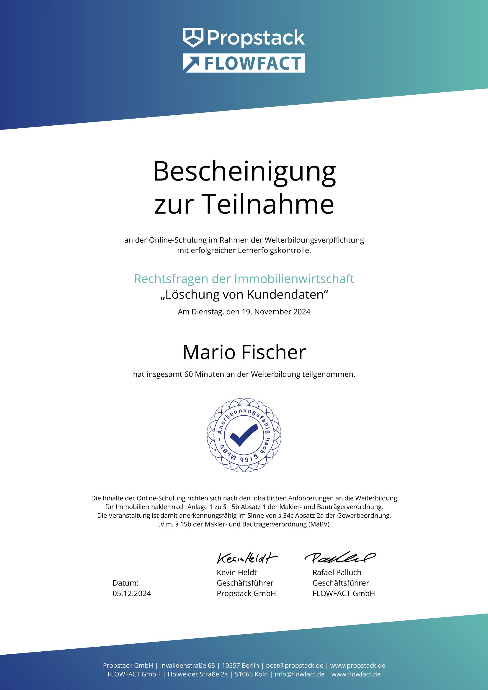 Teilnahmebescheinigung von Propstack FlowFact für Mario Fischer, November 2024