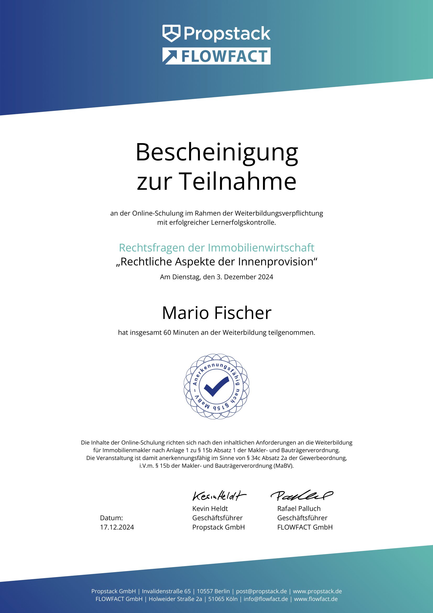 Teilnahmebescheinigung von Propstack FlowFact für Mario Fischer, Dezember 2024