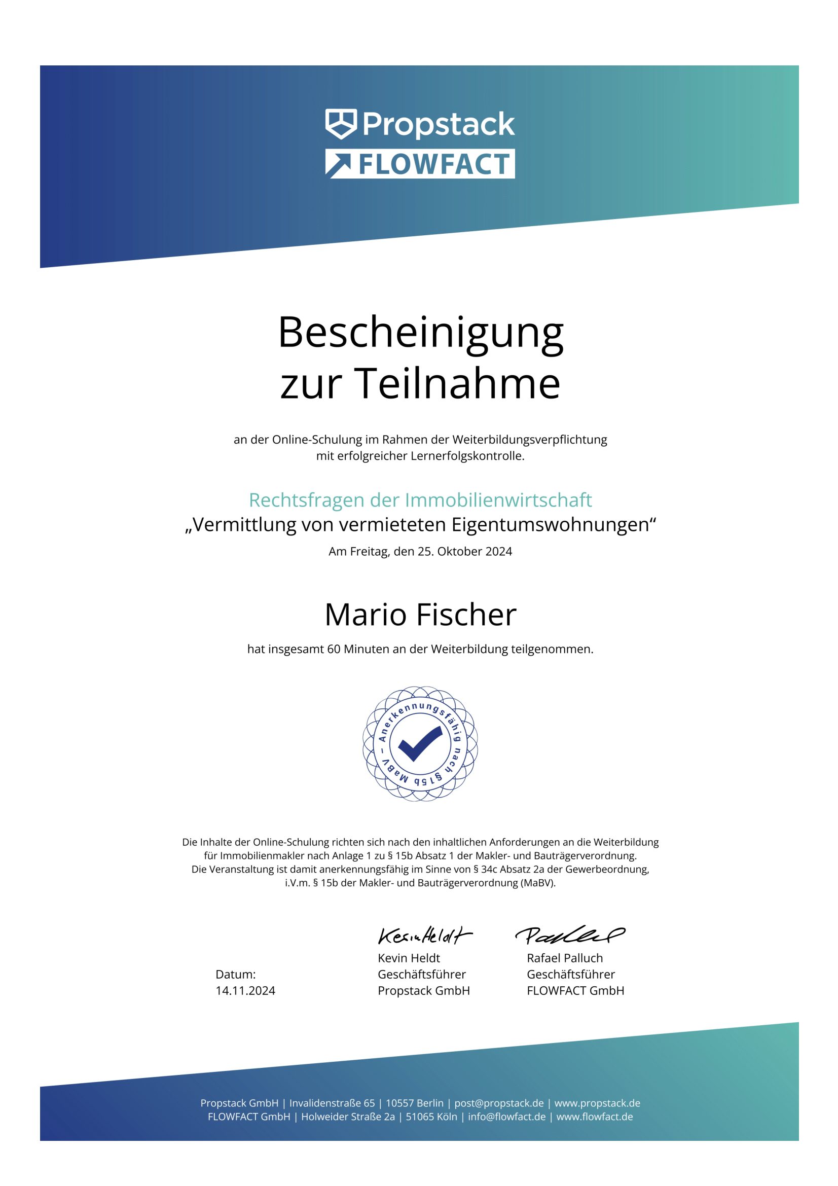Teilnahmebescheinigung von Propstack FlowFact für Mario Fischer, Oktober 2024