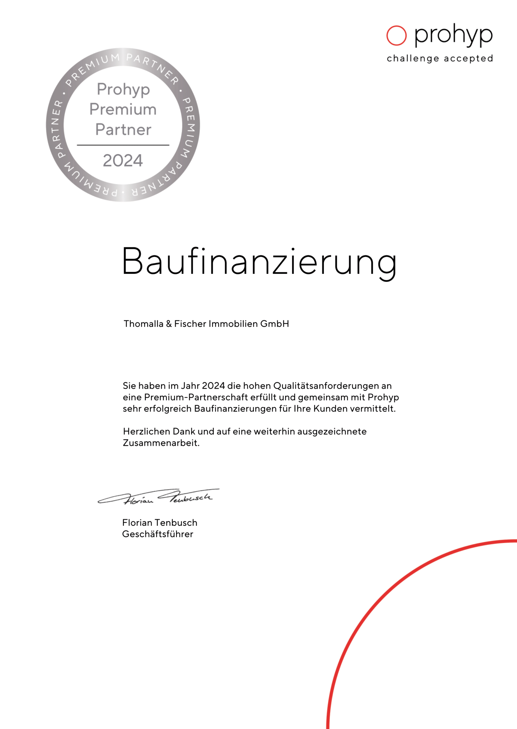 Urkunde von Prohyp zur Baufinanzierung für Mario Fischer, 2024