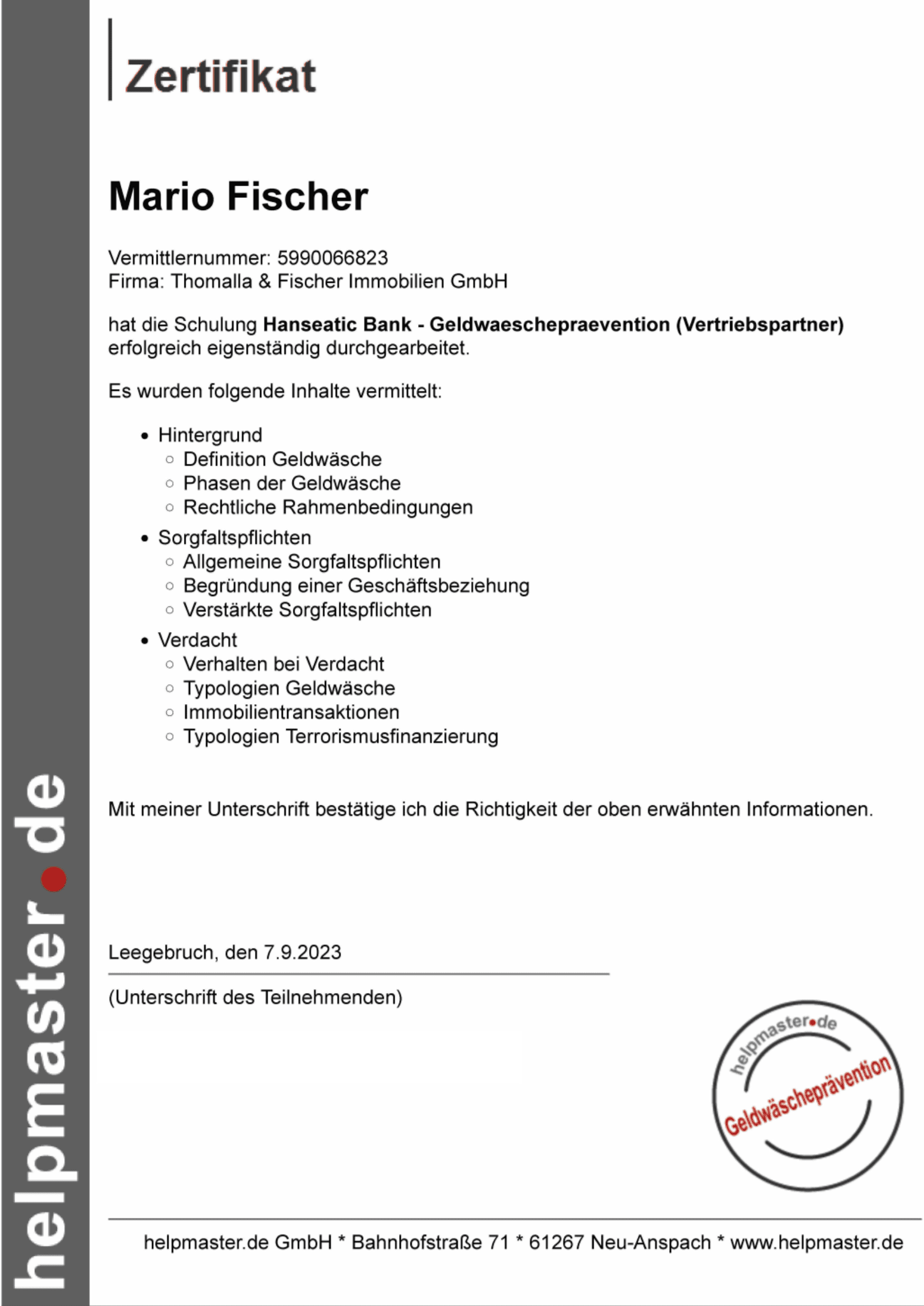 Zertifikat von helpmaster.de für Mario Fischer