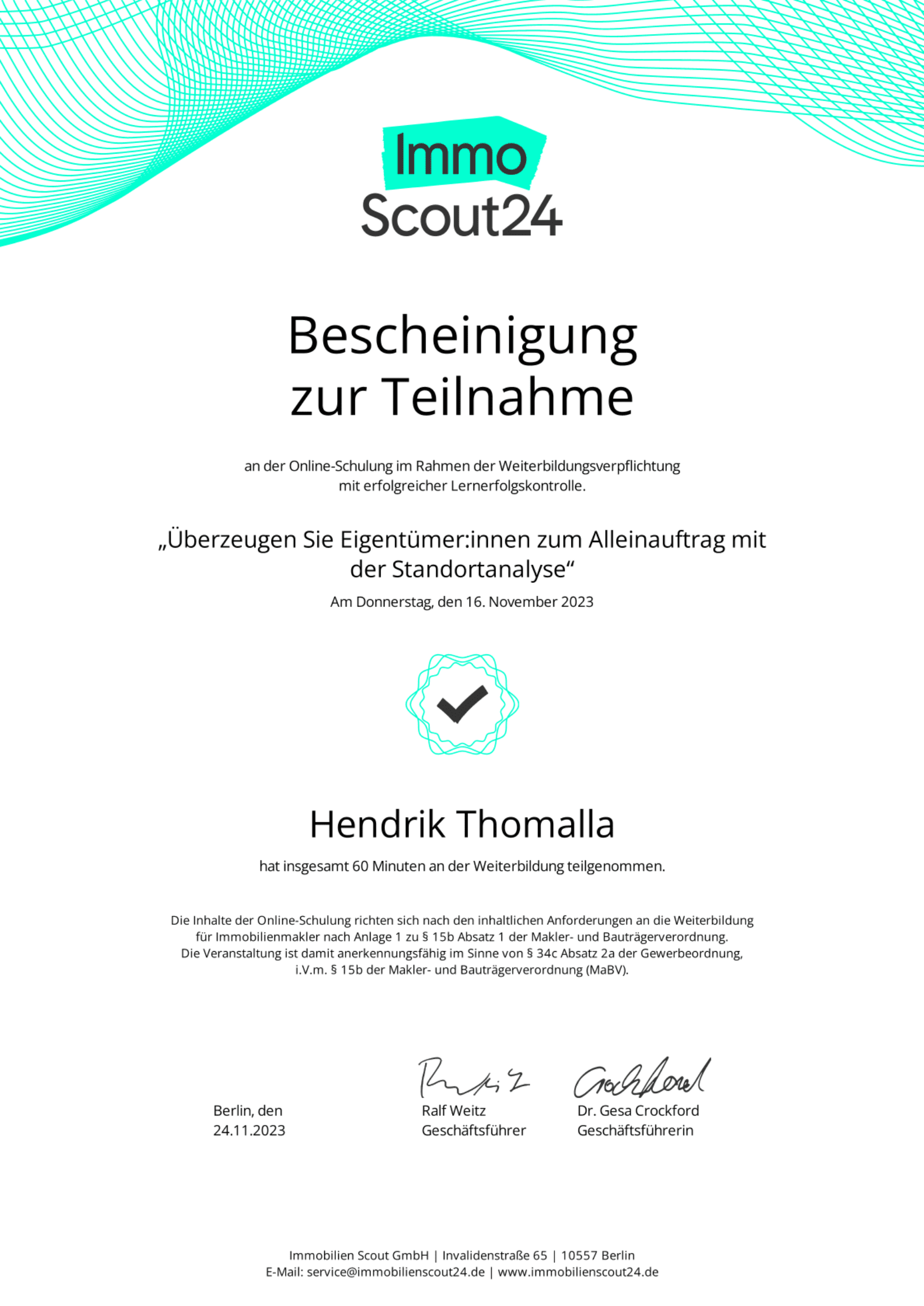 Teilnahmebescheinigung von ImmoScout24 für Hendrik Thomalla (1 von 2)