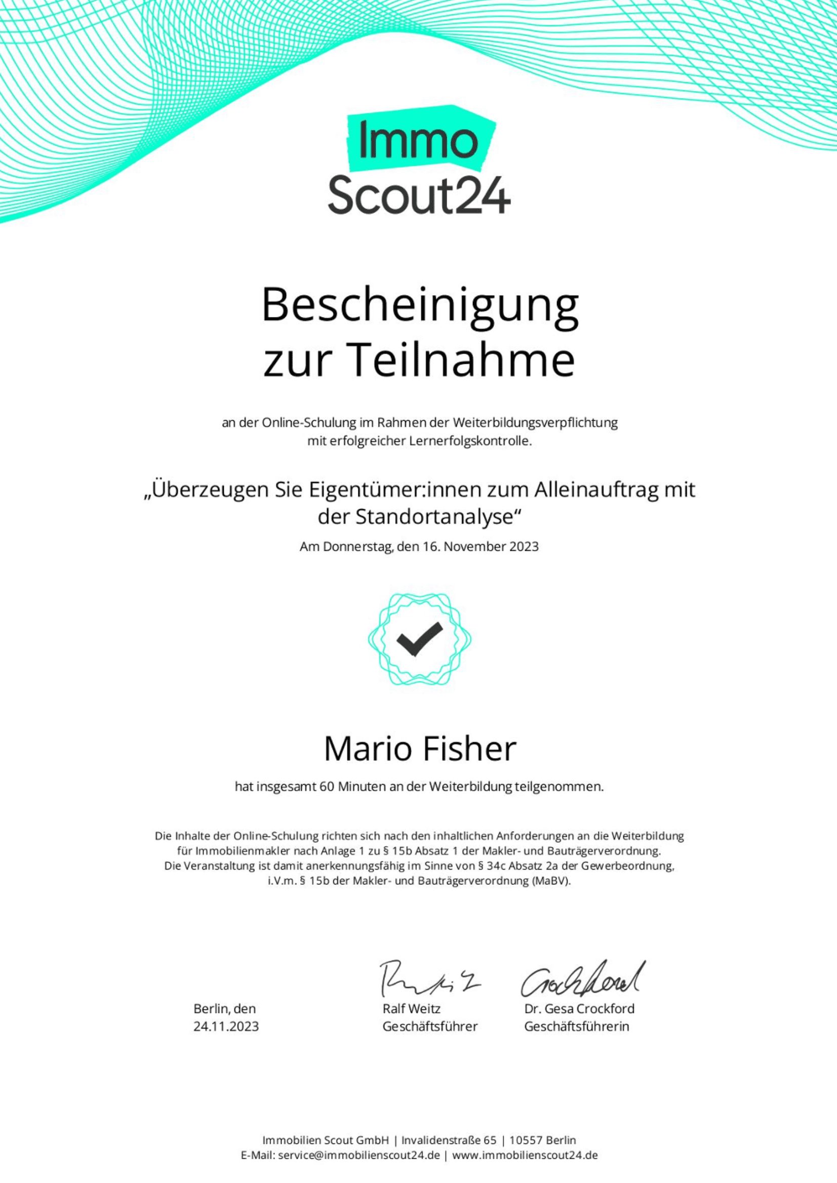 Teilnahmebescheinigung von ImmoScout24 für Mario Fischer (1 von 2)