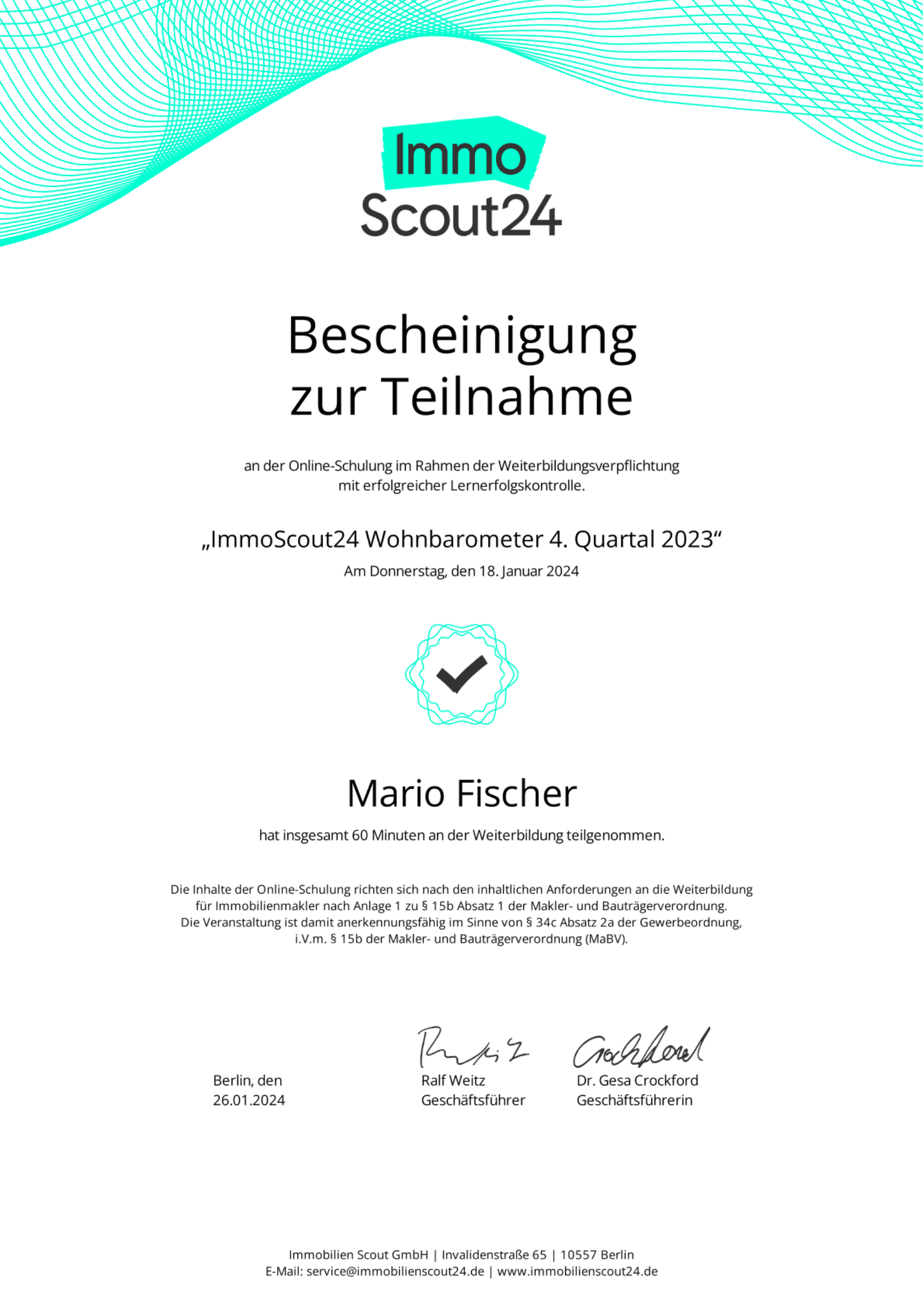 Teilnahmebescheinigung von ImmoScout24 für Mario Fischer (2 von 2)