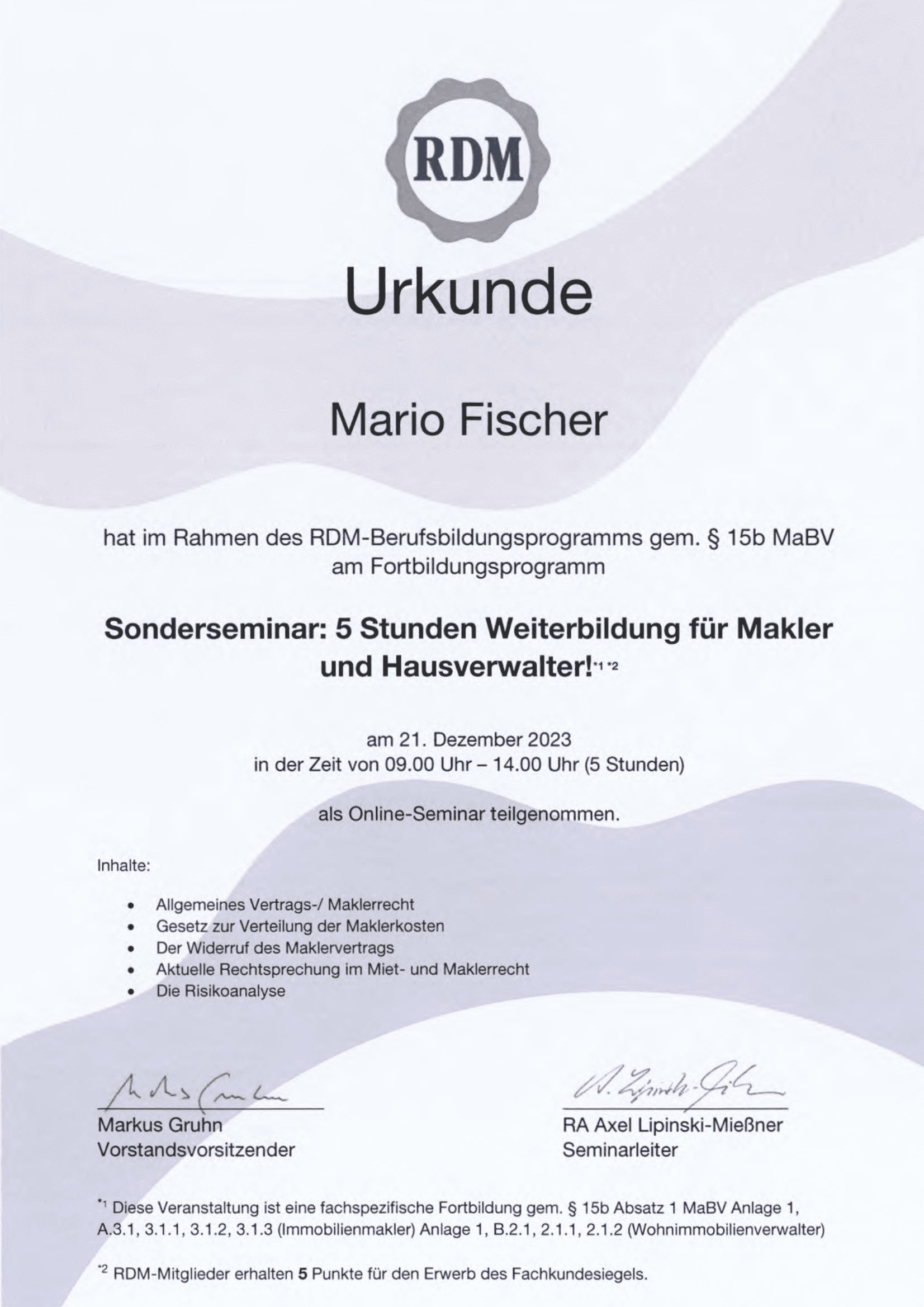 Fortbildungsurkunde des Ring Deutscher Makler für Mario Fischer, Urkunde 11 von 12