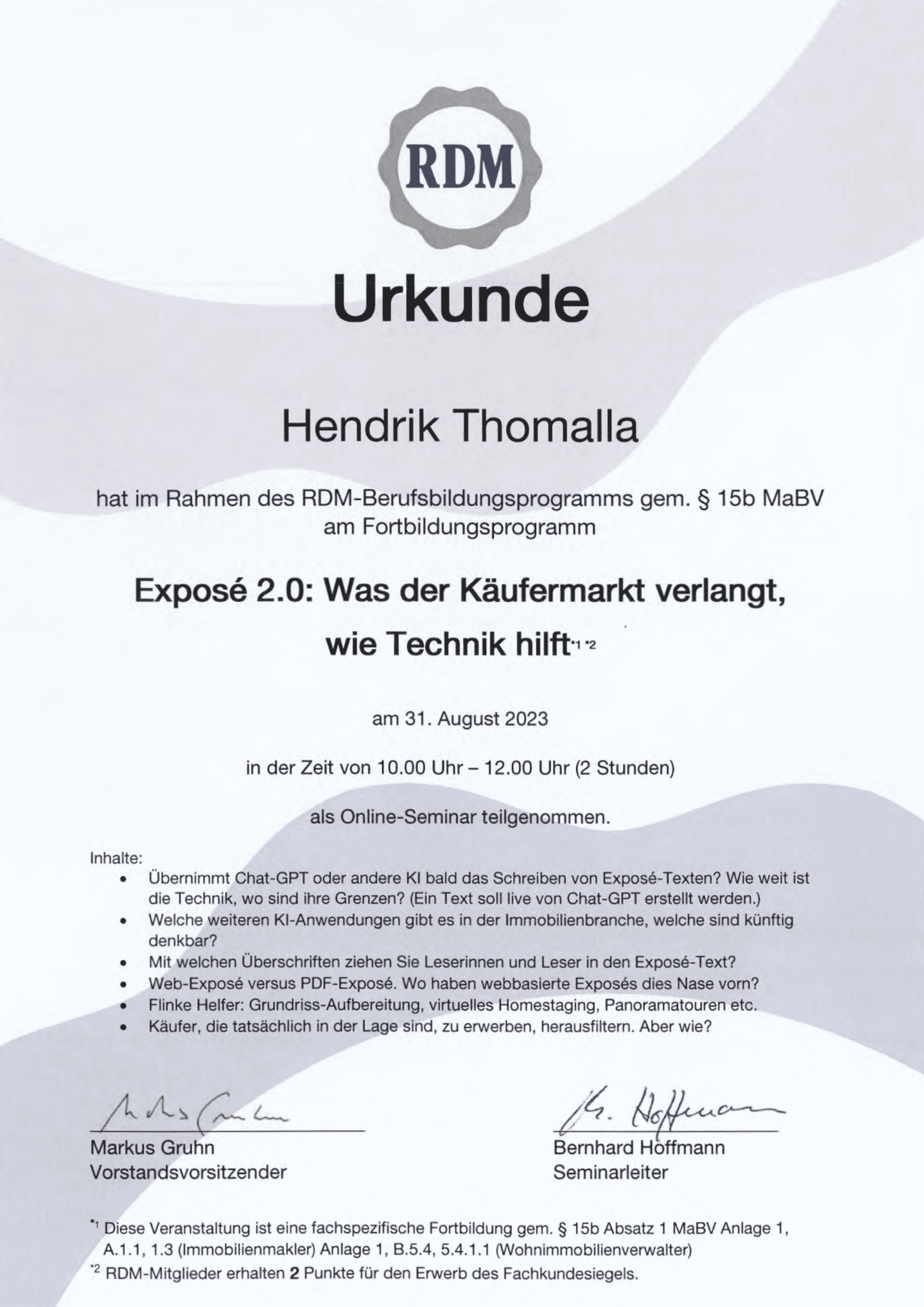 Fortbildungsurkunde des Ring Deutscher Makler für Hendrik Thomalla, Urkunde 12 von 13