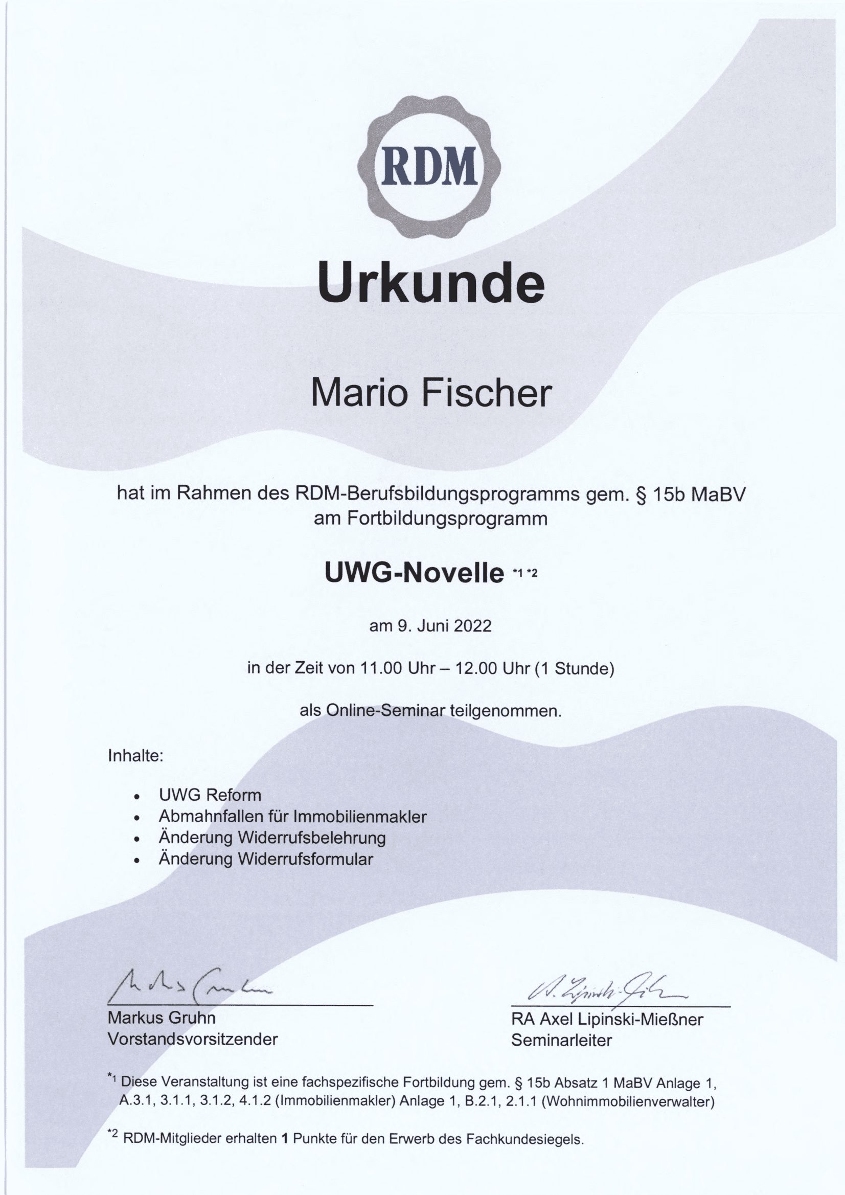 Fortbildungsurkunde des Ring Deutscher Makler für Mario Fischer, Urkunde 10 von 12