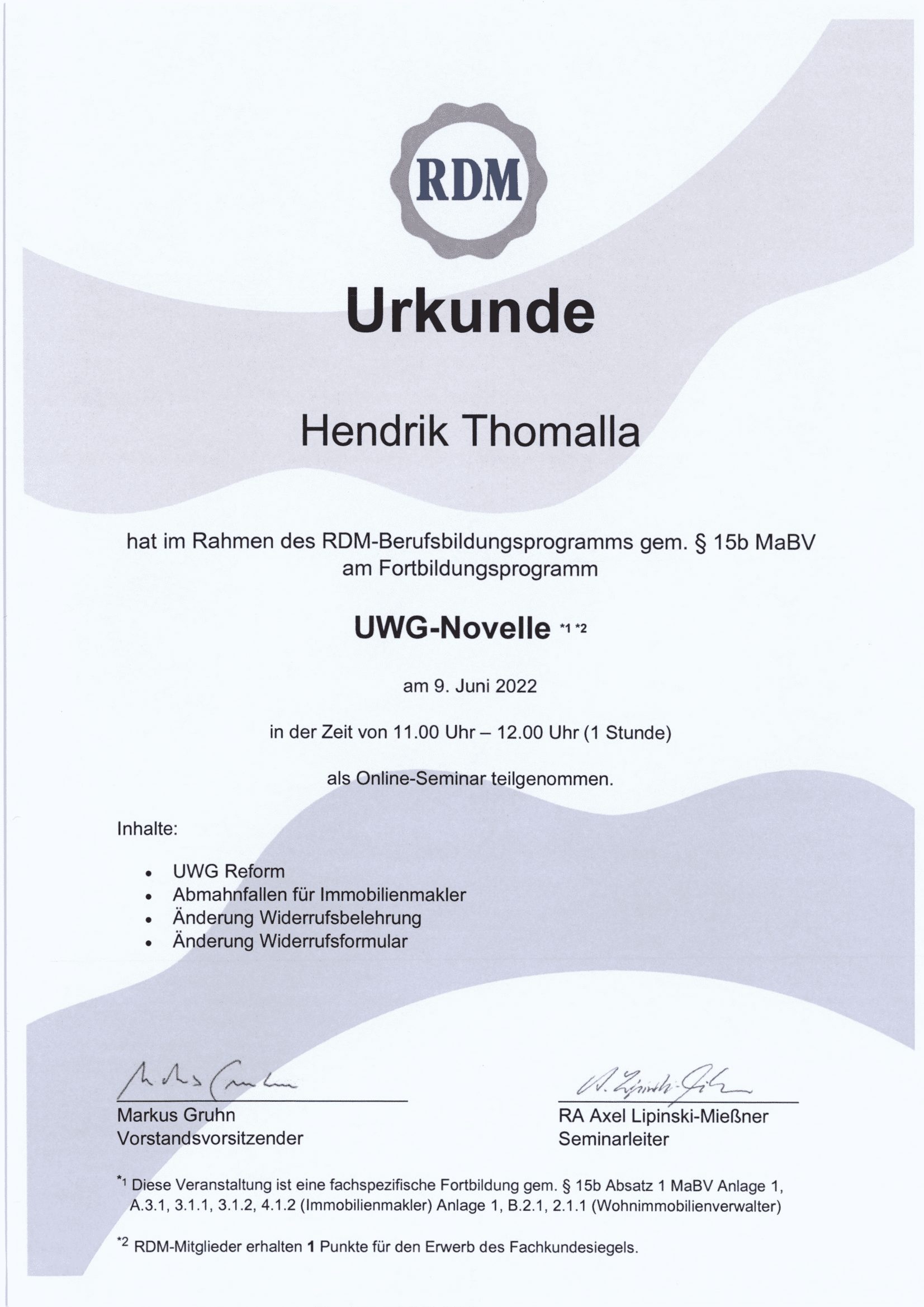 Fortbildungsurkunde des Ring Deutscher Makler für Hendrik Thomalla, Urkunde 11 von 13