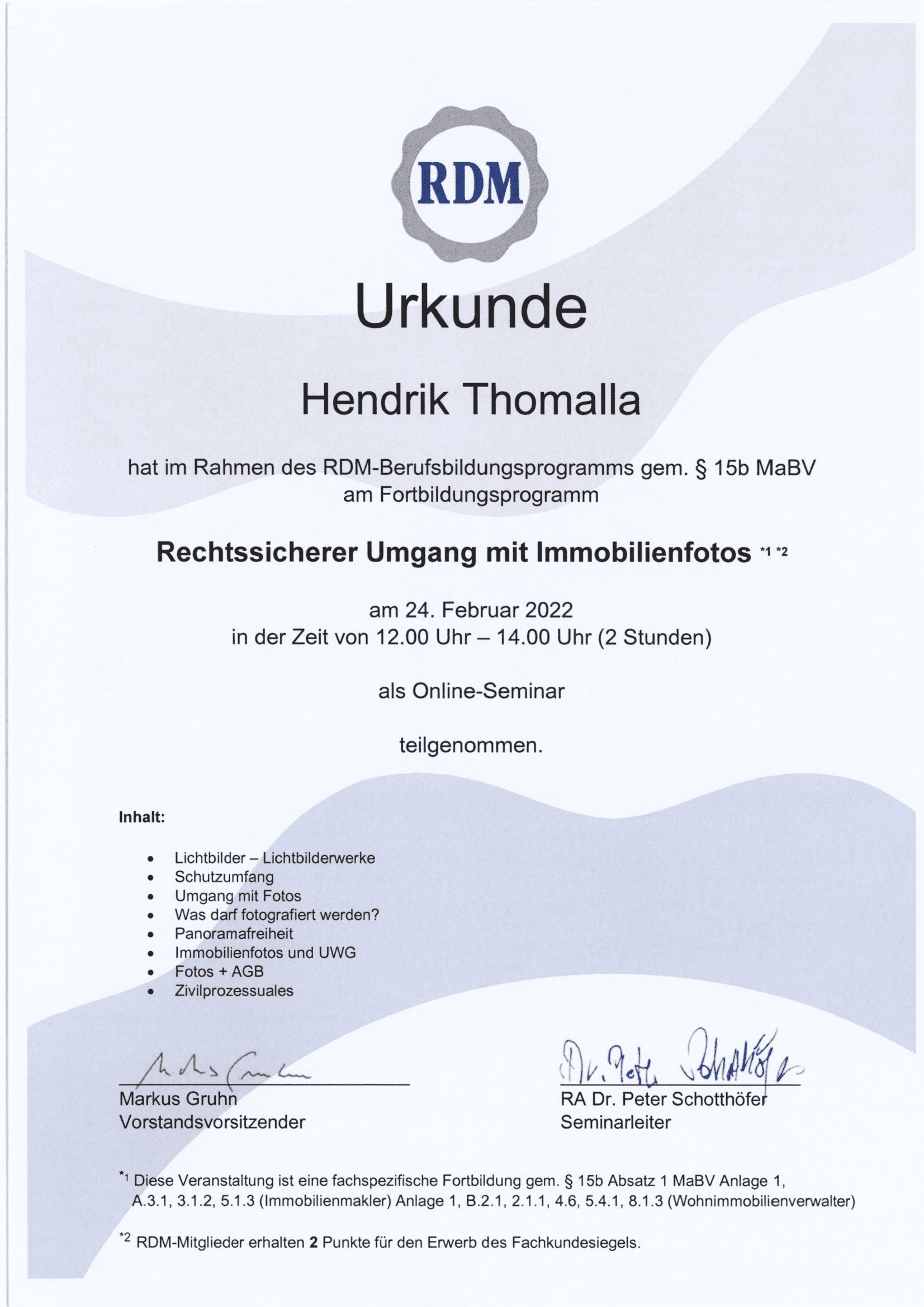 Fortbildungsurkunde des Ring Deutscher Makler für Hendrik Thomalla, Urkunde 10 von 13