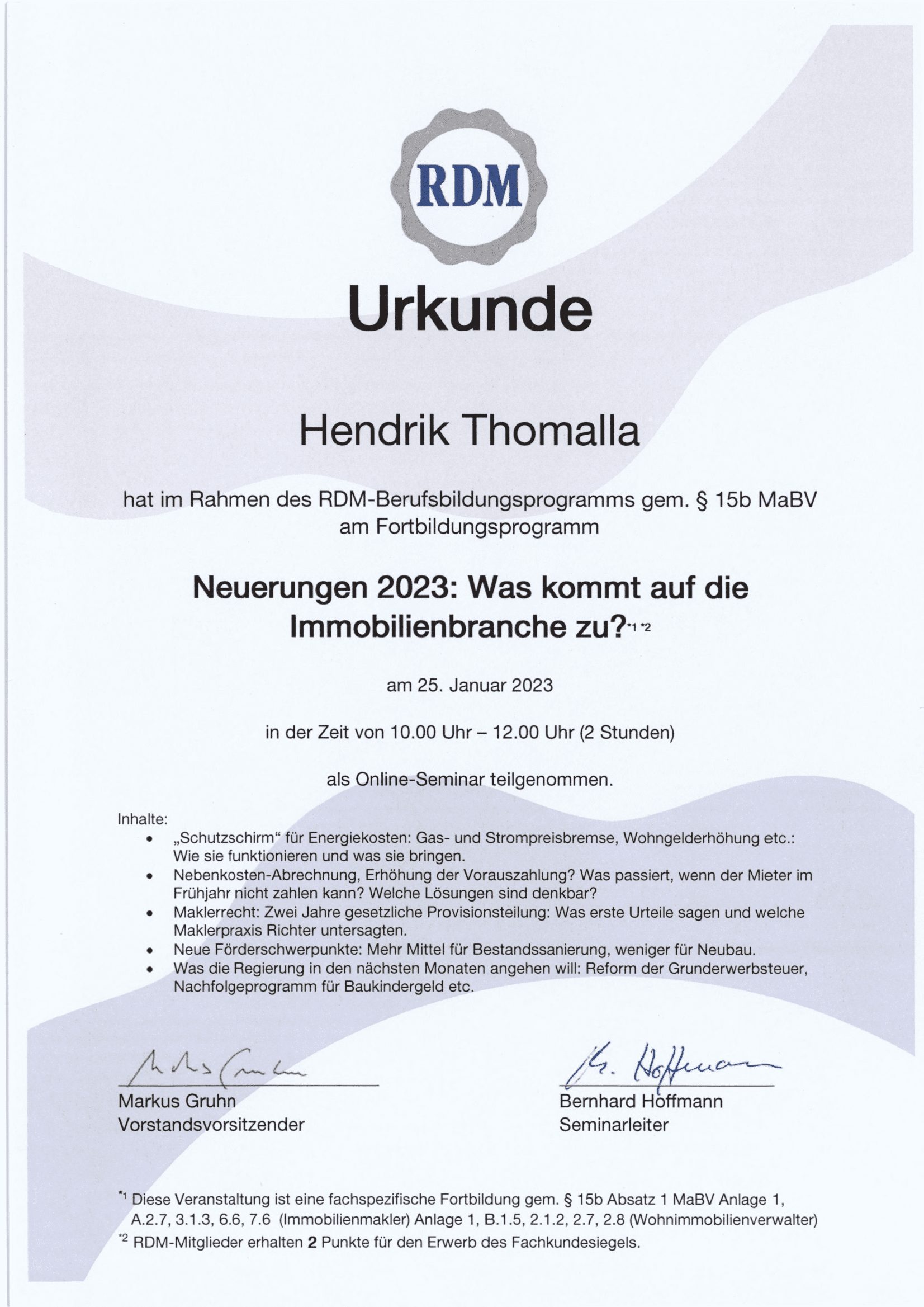 Fortbildungsurkunde des Ring Deutscher Makler für Hendrik Thomalla, Urkunde 9 von 13