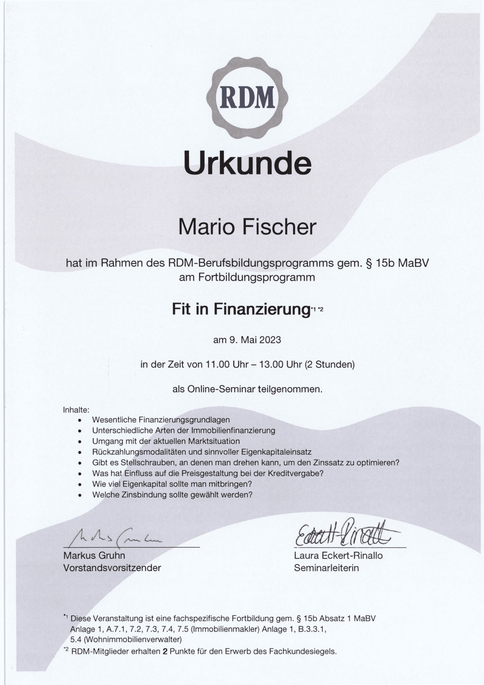 Fortbildungsurkunde des Ring Deutscher Makler für Mario Fischer, Urkunde 9 von 12