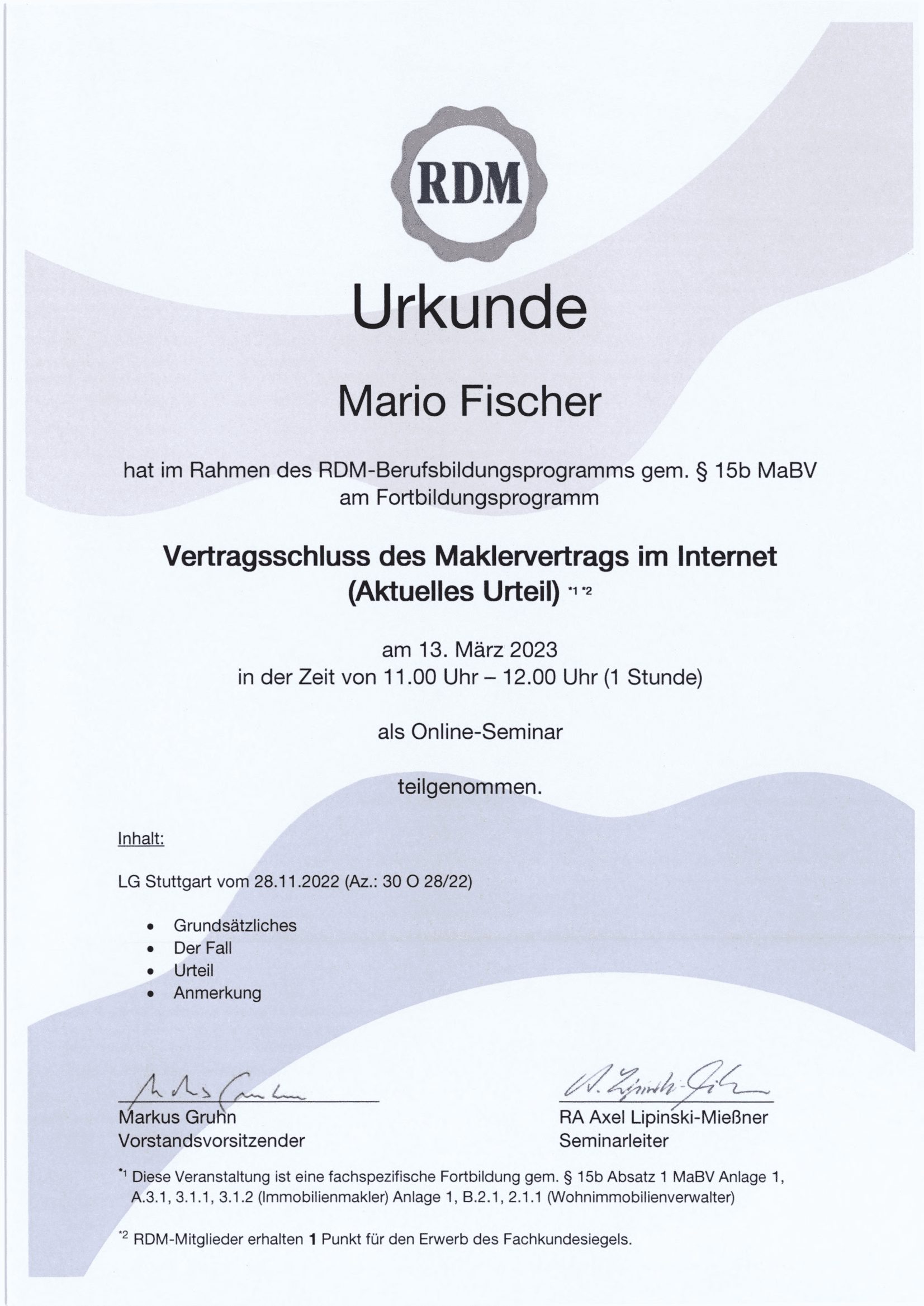 Fortbildungsurkunde des Ring Deutscher Makler für Mario Fischer, Urkunde 7 von 12