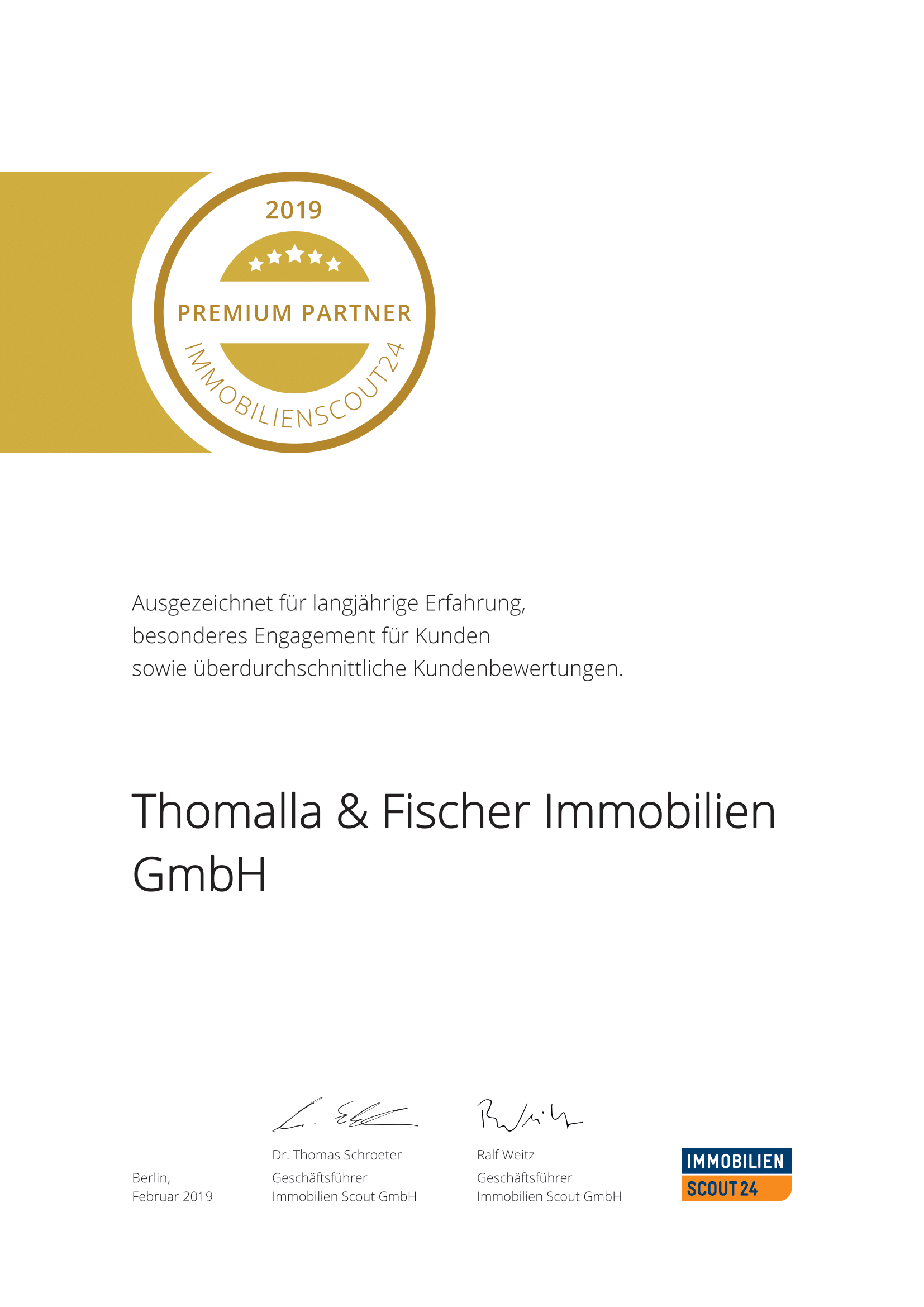 Urkunde für Thomalla & Fischer Immobilien mit goldenem Partnersiegel
