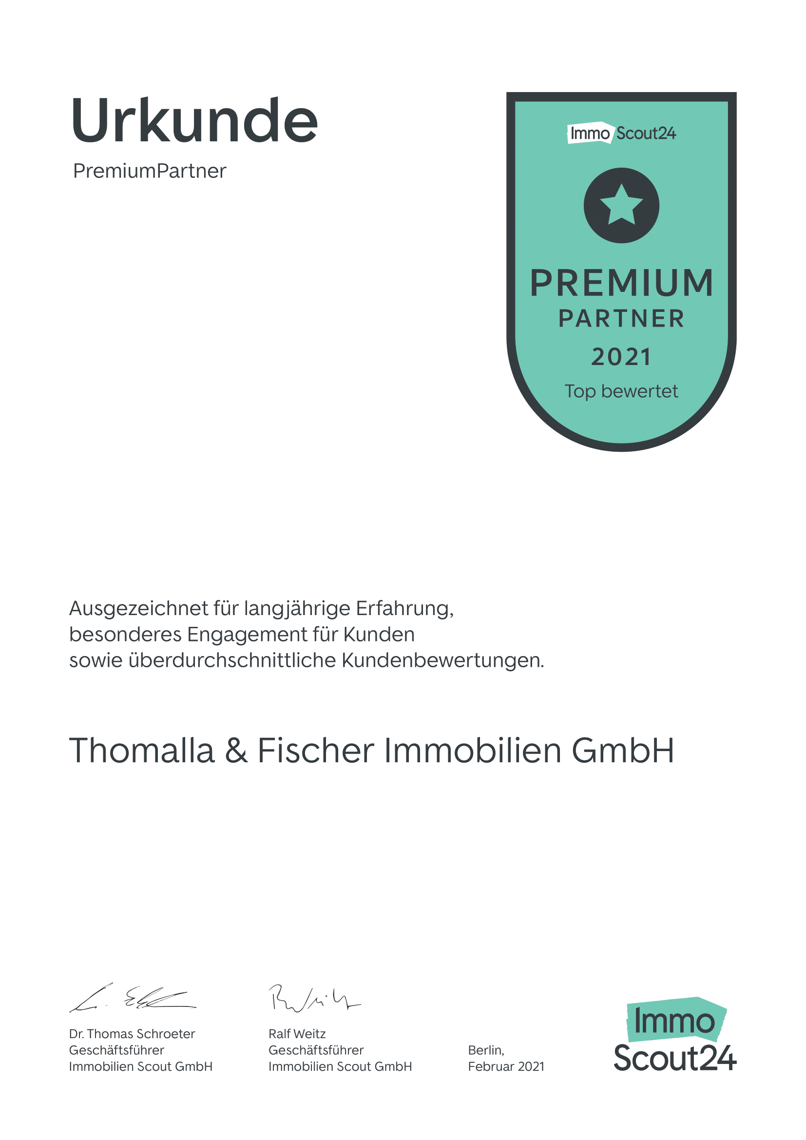 Urkunde von ImmoScout24 für Thomalla & Fischer Immobilien als Premium Partner (2 von 2)