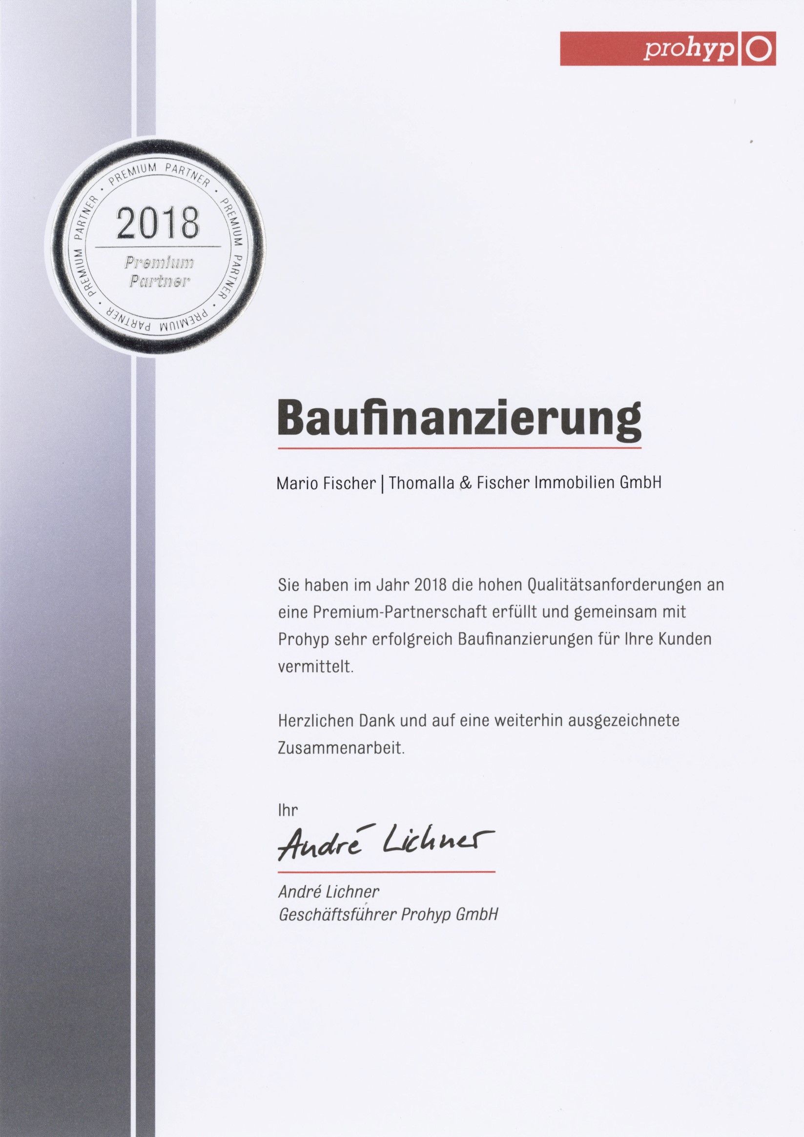Urkunde von Prohyp zur Baufinanzierung für Thomalla & Fischer Immobilien, 2018