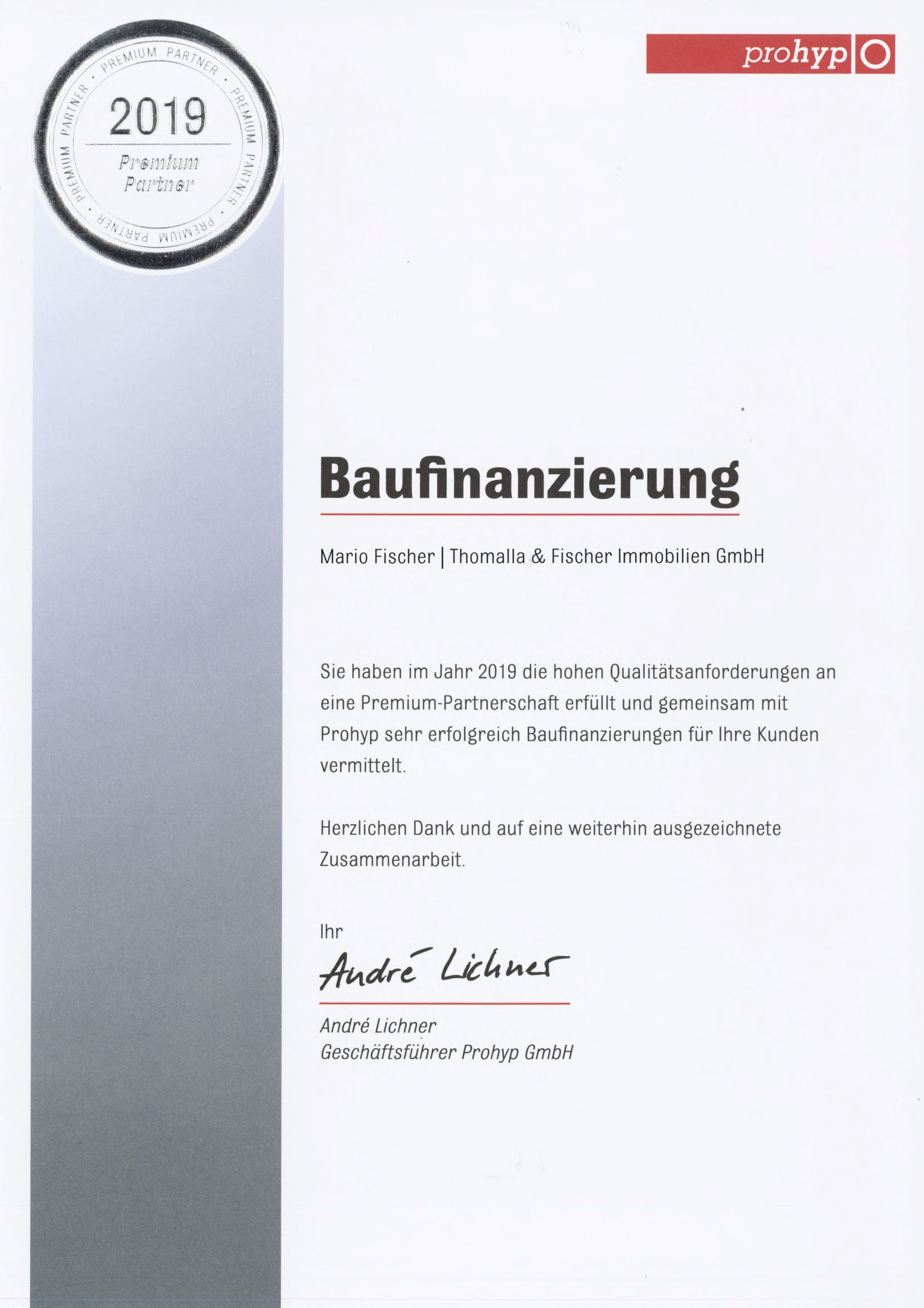 Urkunde von Prohyp zur Baufinanzierung für Thomalla & Fischer Immobilien, 2019
