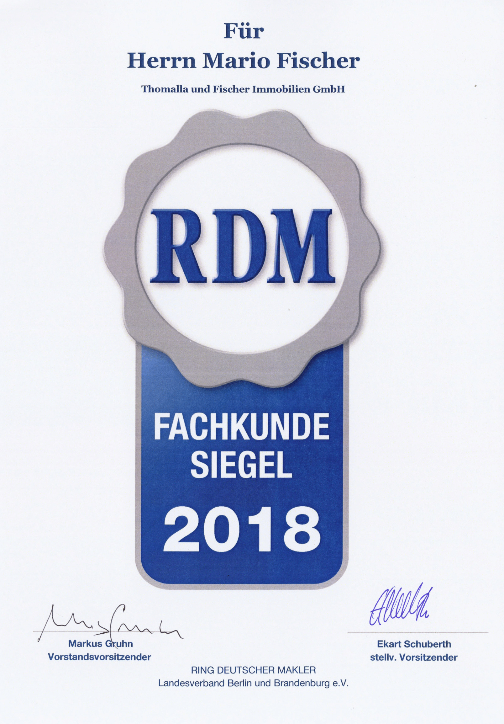 RDM Fachkunde-Siegel 2018 für Mario Fischer