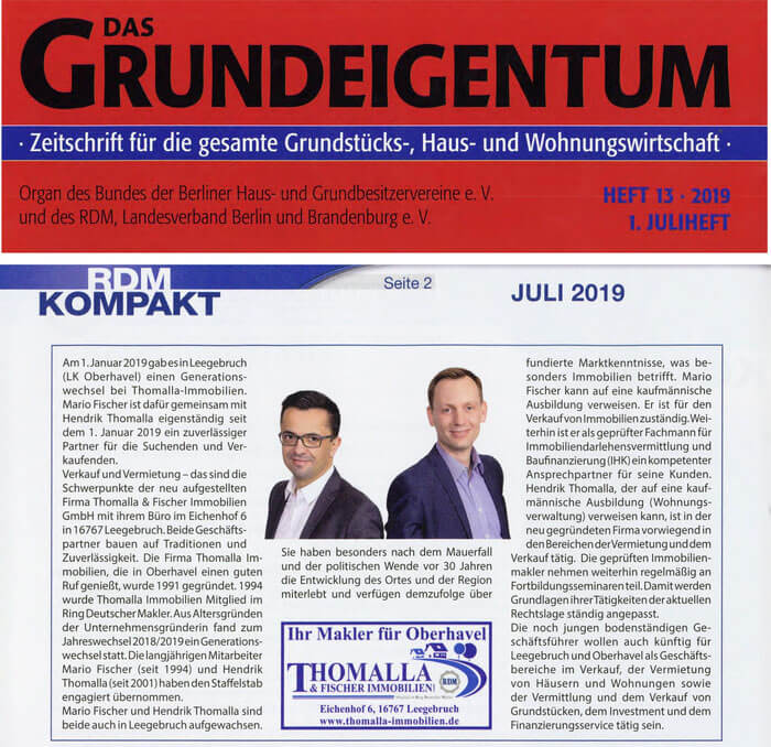 Zeitungsartikel in der Zeitschrift Das Grundeigentum, Juli 2019, mit Foto von Hendrik Thomalla und Mario Fischer