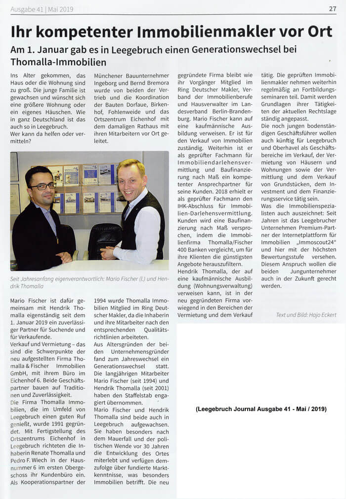 Zeitungsartikel über Thomalla & Fischer Immobilien als Immobilienmakler vor Ort, mit Foto der beiden Inhaber