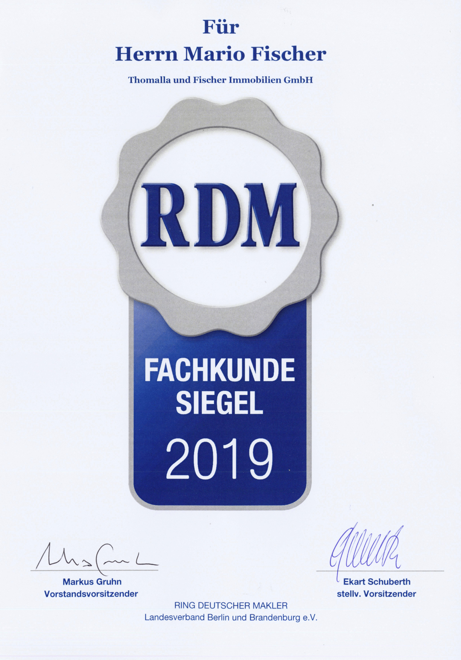 RDM Fachkunde-Siegel 2019 für Mario Fischer