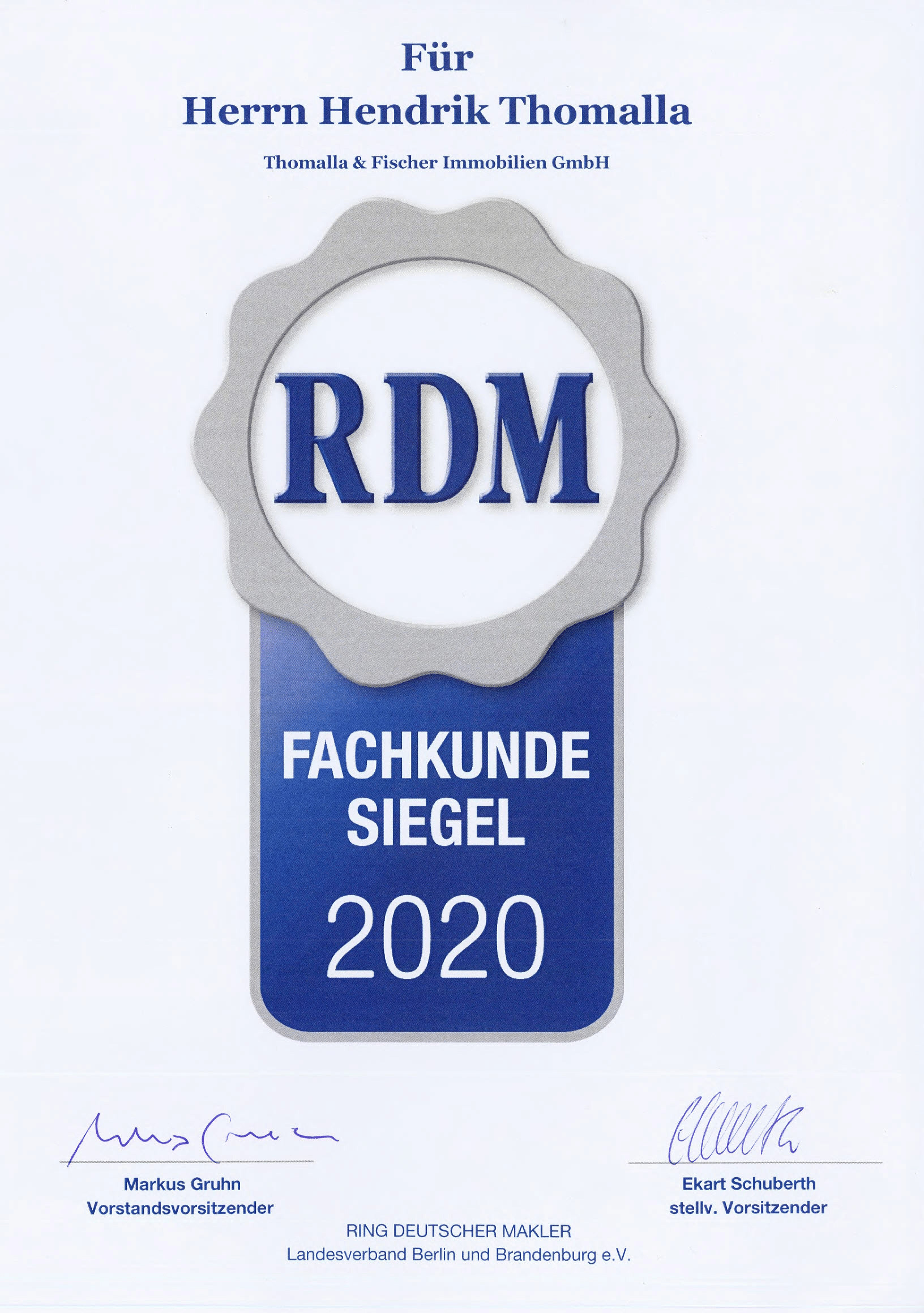 RDM Fachkunde-Siegel 2020 für Hendrik Thomalla