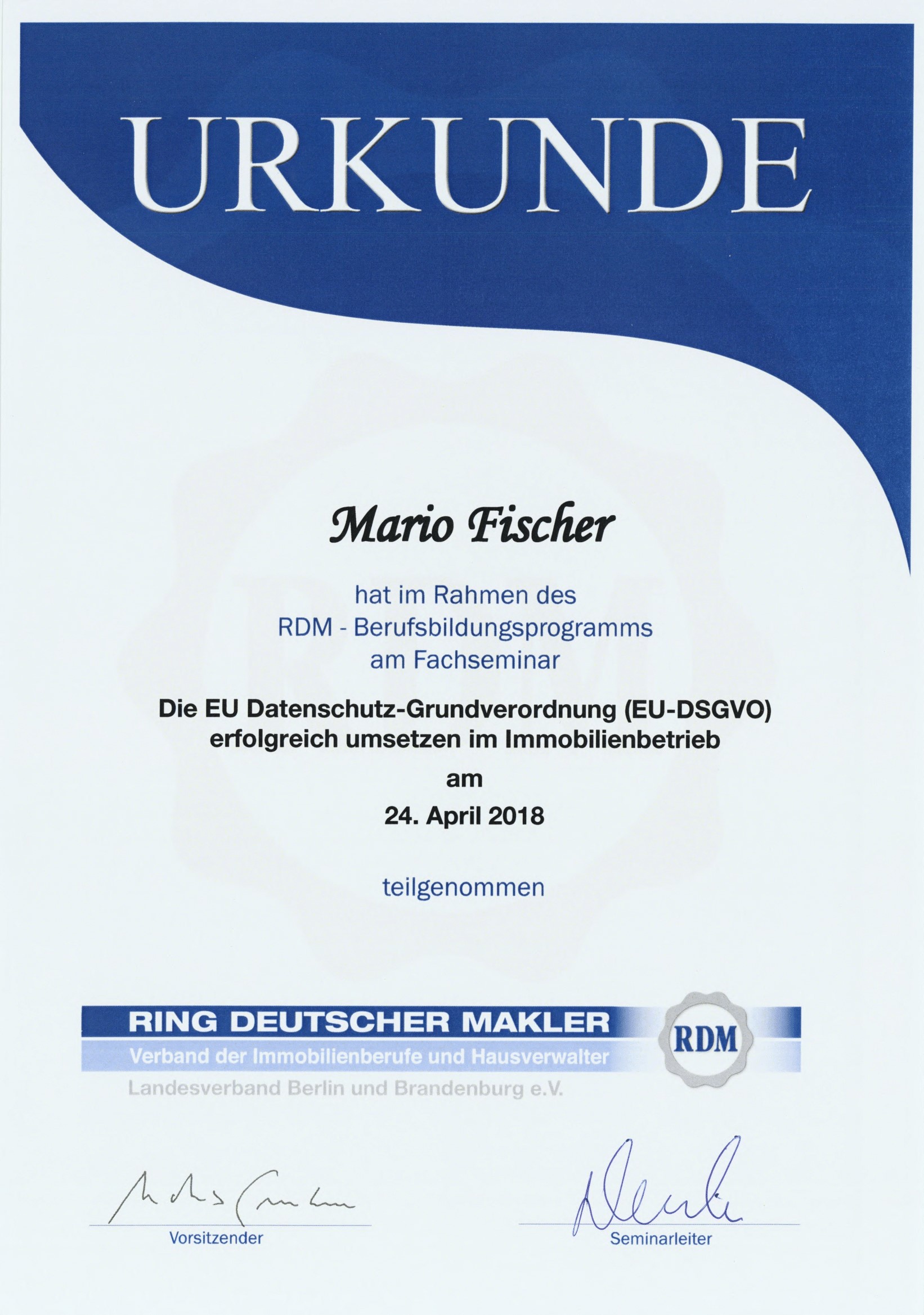 Fortbildungsurkunde des Ring Deutscher Makler für Mario Fischer, Urkunde 4 von 12