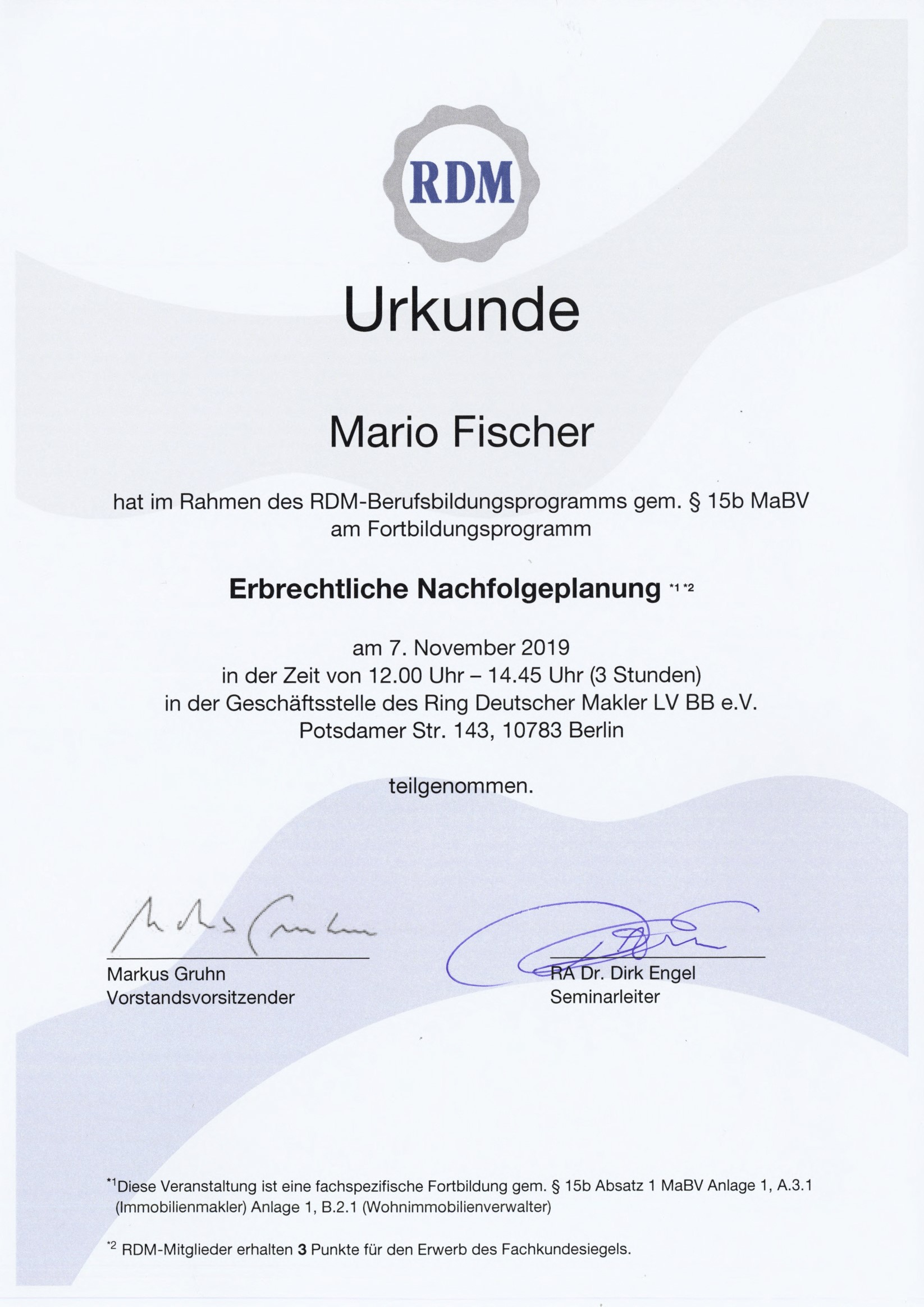 Fortbildungsurkunde des Ring Deutscher Makler für Mario Fischer, Urkunde 3 von 12