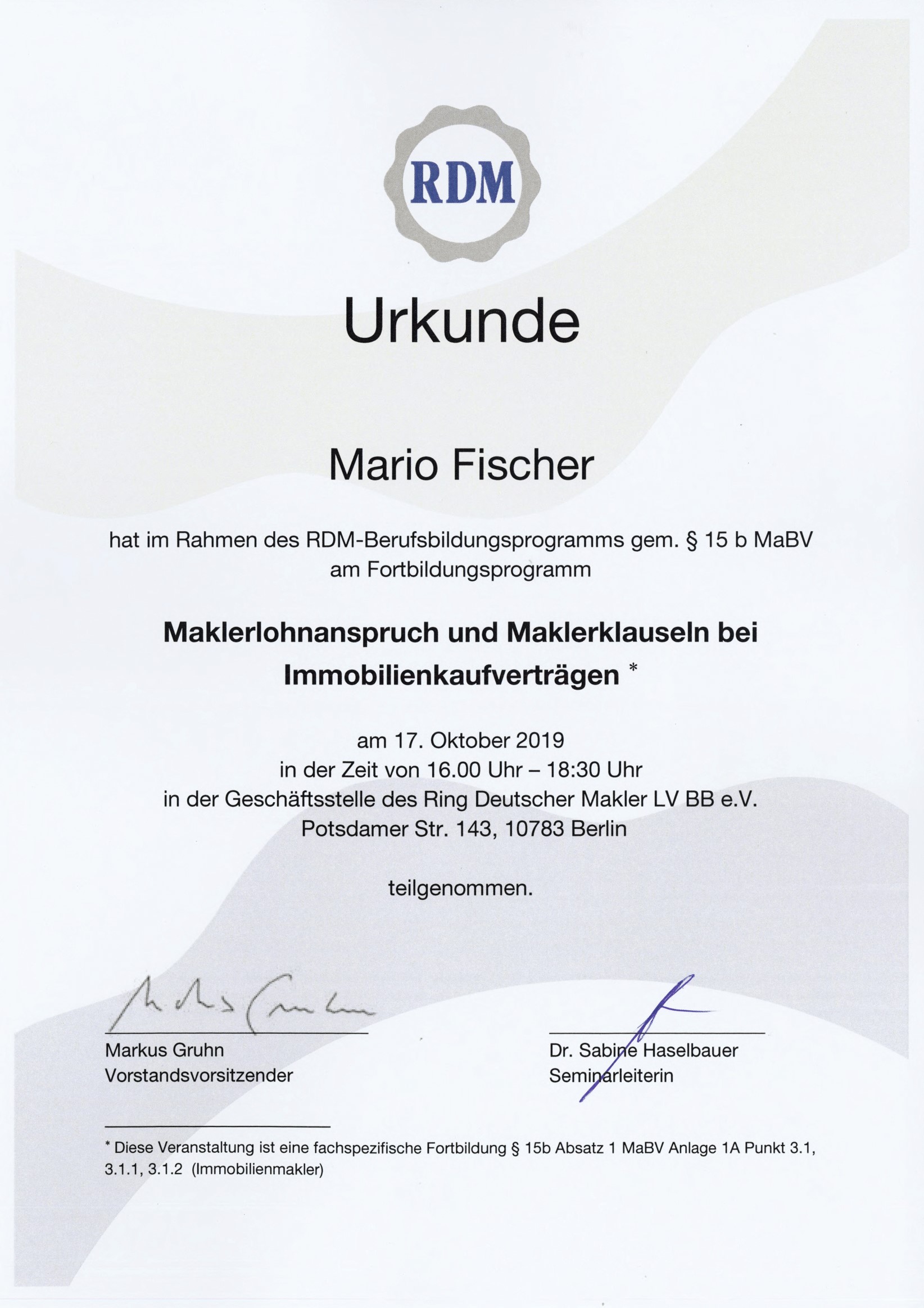 Fortbildungsurkunde des Ring Deutscher Makler für Mario Fischer, Urkunde 2 von 12