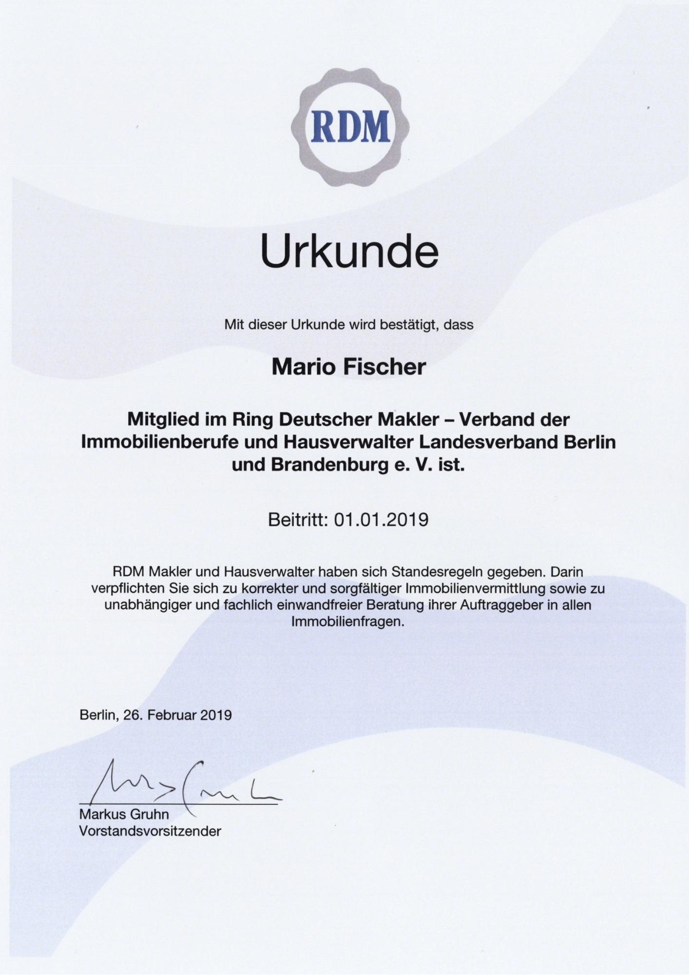 Fortbildungsurkunde des Ring Deutscher Makler für Mario Fischer, Urkunde 1 von 12