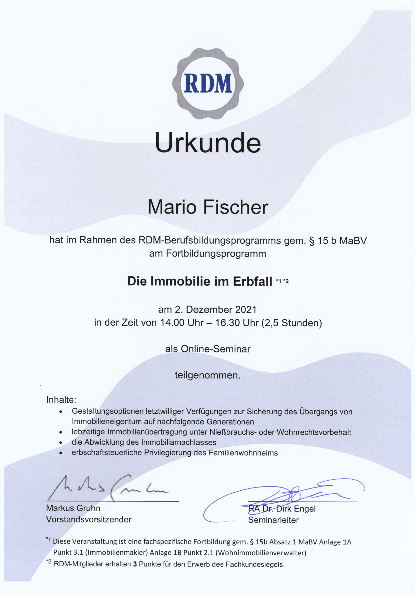 Fortbildungsurkunde des Ring Deutscher Makler für Mario Fischer, Urkunde 5 von 12