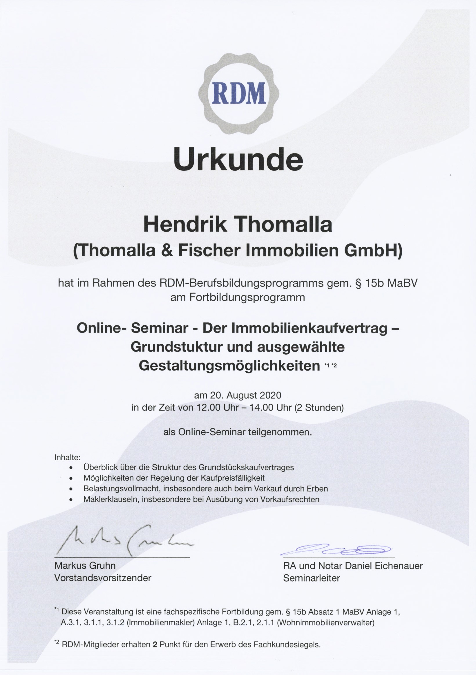 Fortbildungsurkunde des Ring Deutscher Makler für Hendrik Thomalla, Urkunde 8 von 13