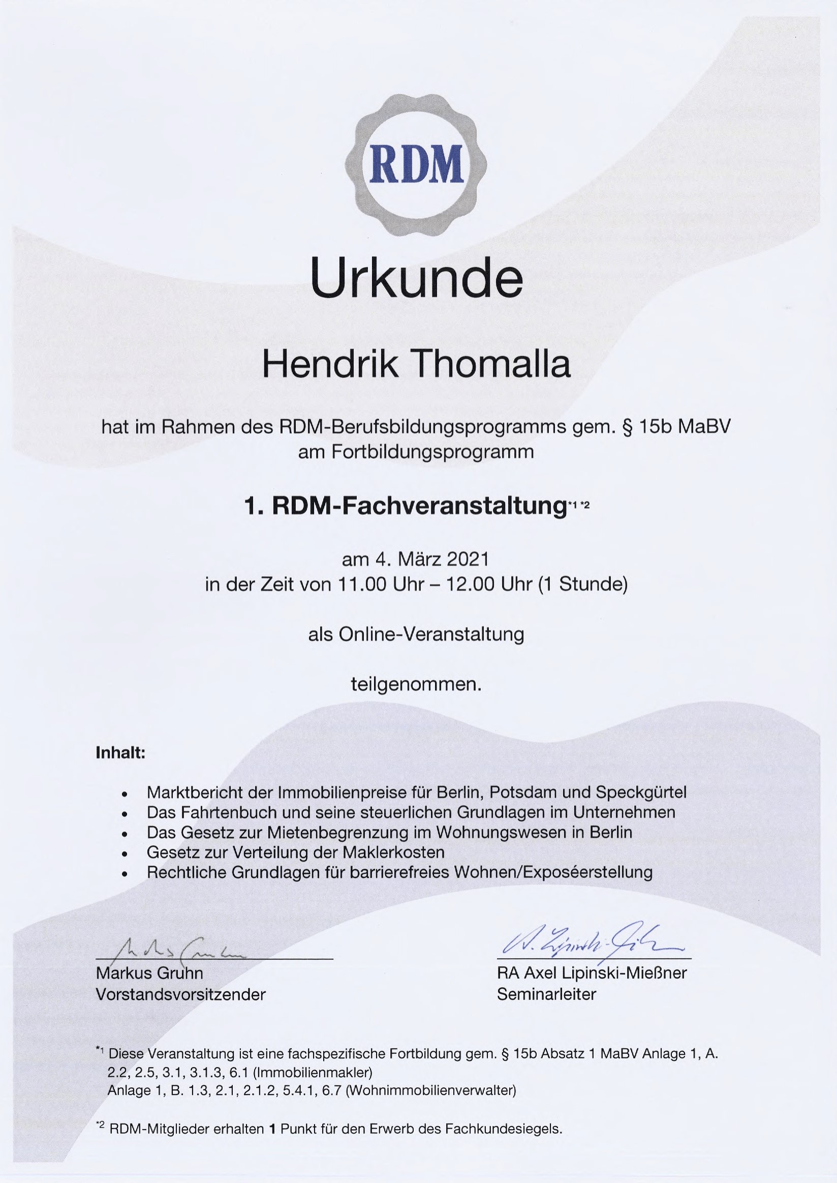 Fortbildungsurkunde des Ring Deutscher Makler für Hendrik Thomalla, Urkunde 7 von 13