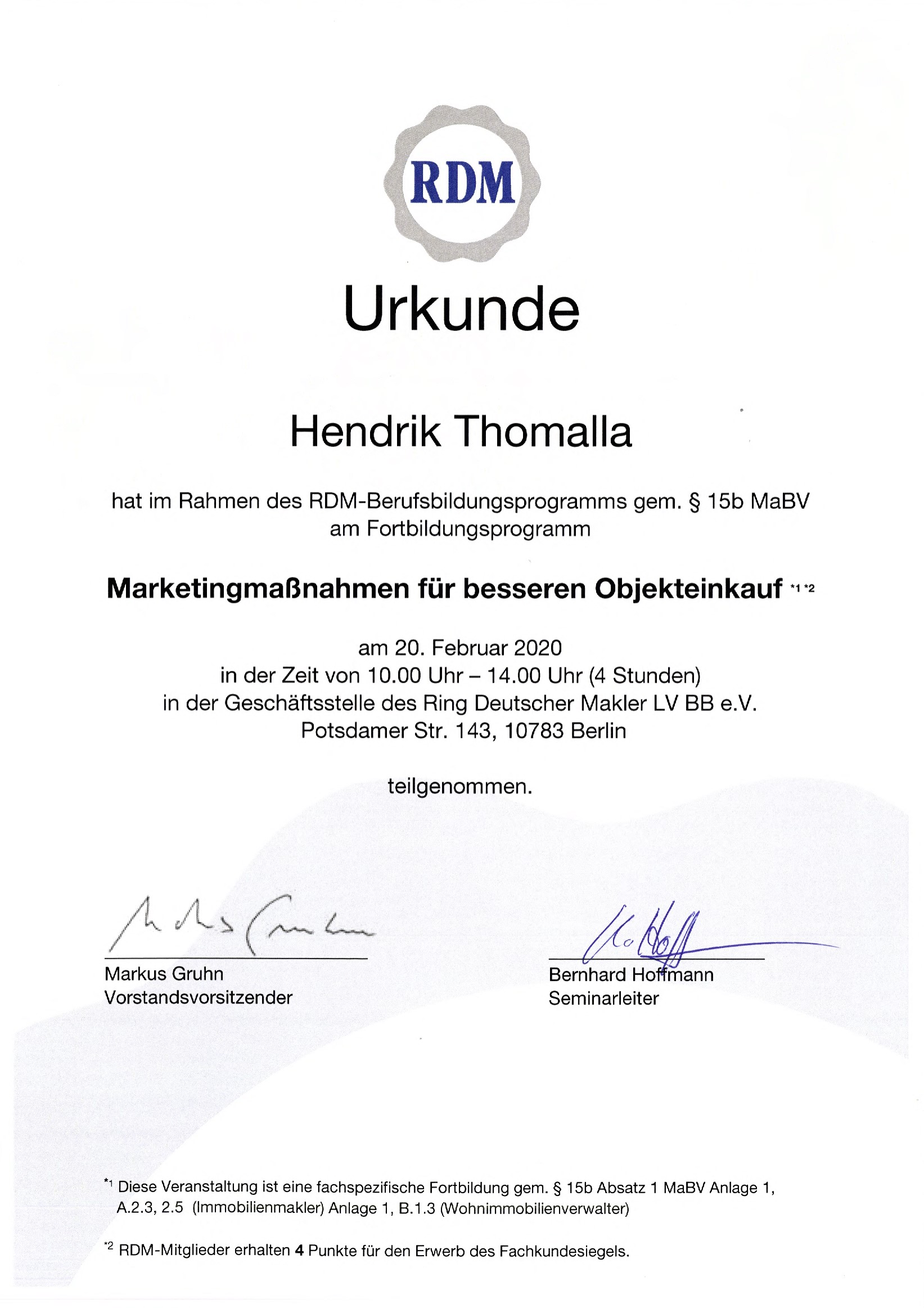 Fortbildungsurkunde des Ring Deutscher Makler für Hendrik Thomalla, Urkunde 6 von 13