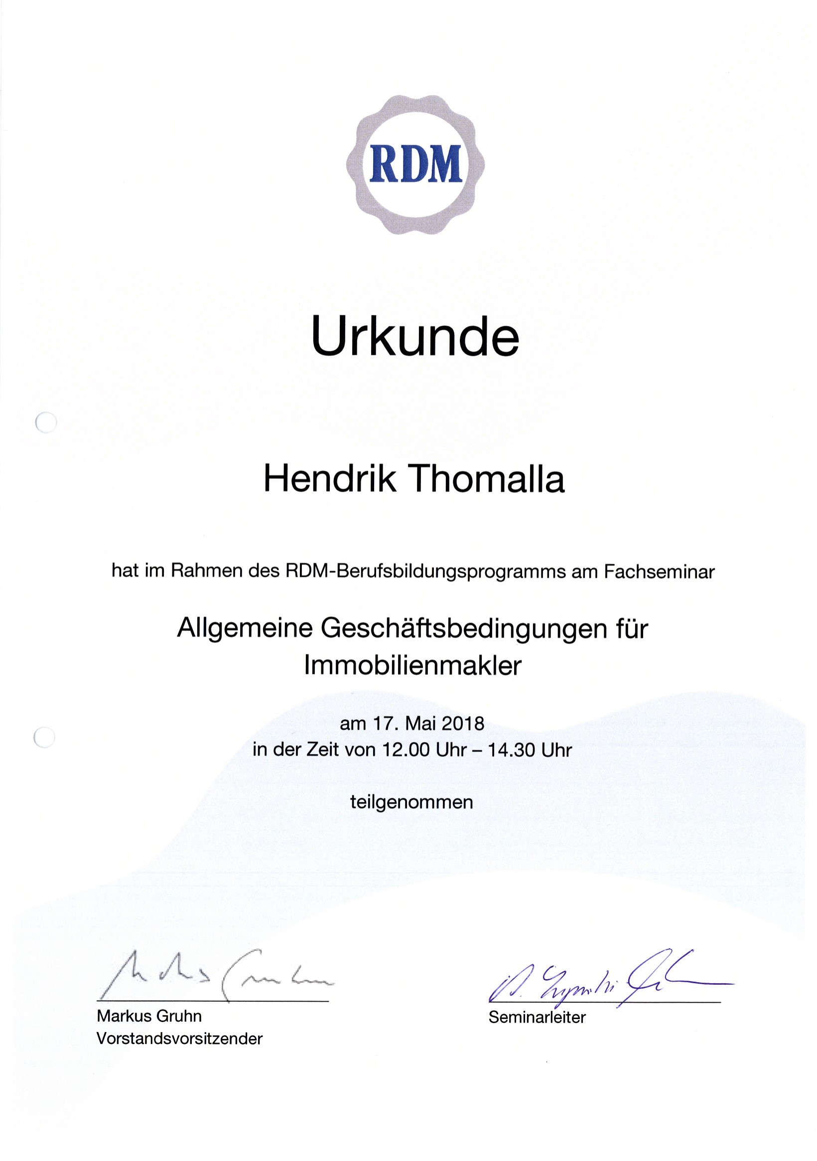 Fortbildungsurkunde des Ring Deutscher Makler für Hendrik Thomalla, Urkunde 5 von 13