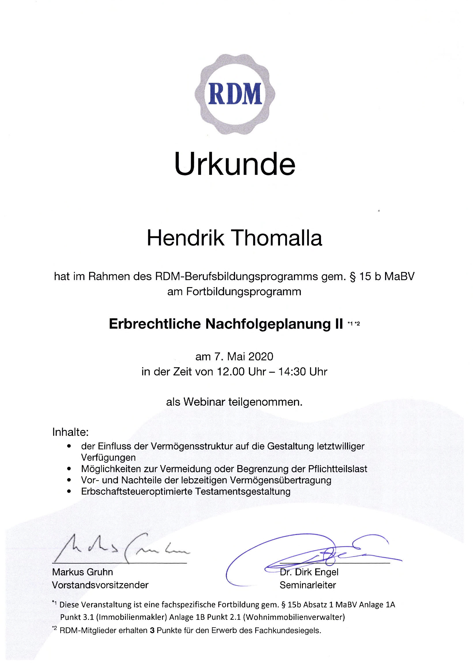 Fortbildungsurkunde des Ring Deutscher Makler für Hendrik Thomalla, Urkunde 4 von 13