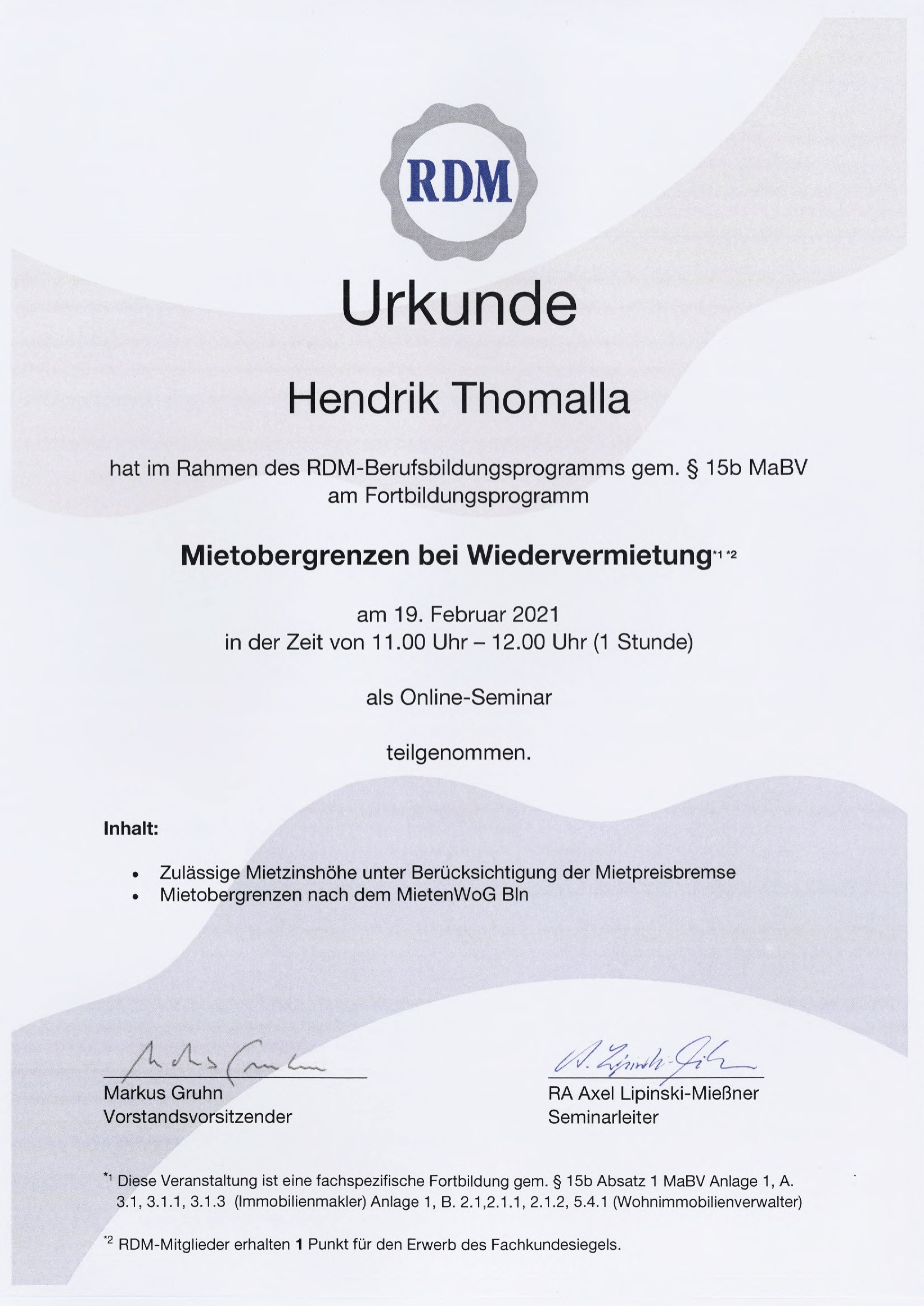 Fortbildungsurkunde des Ring Deutscher Makler für Hendrik Thomalla, Urkunde 3 von 13