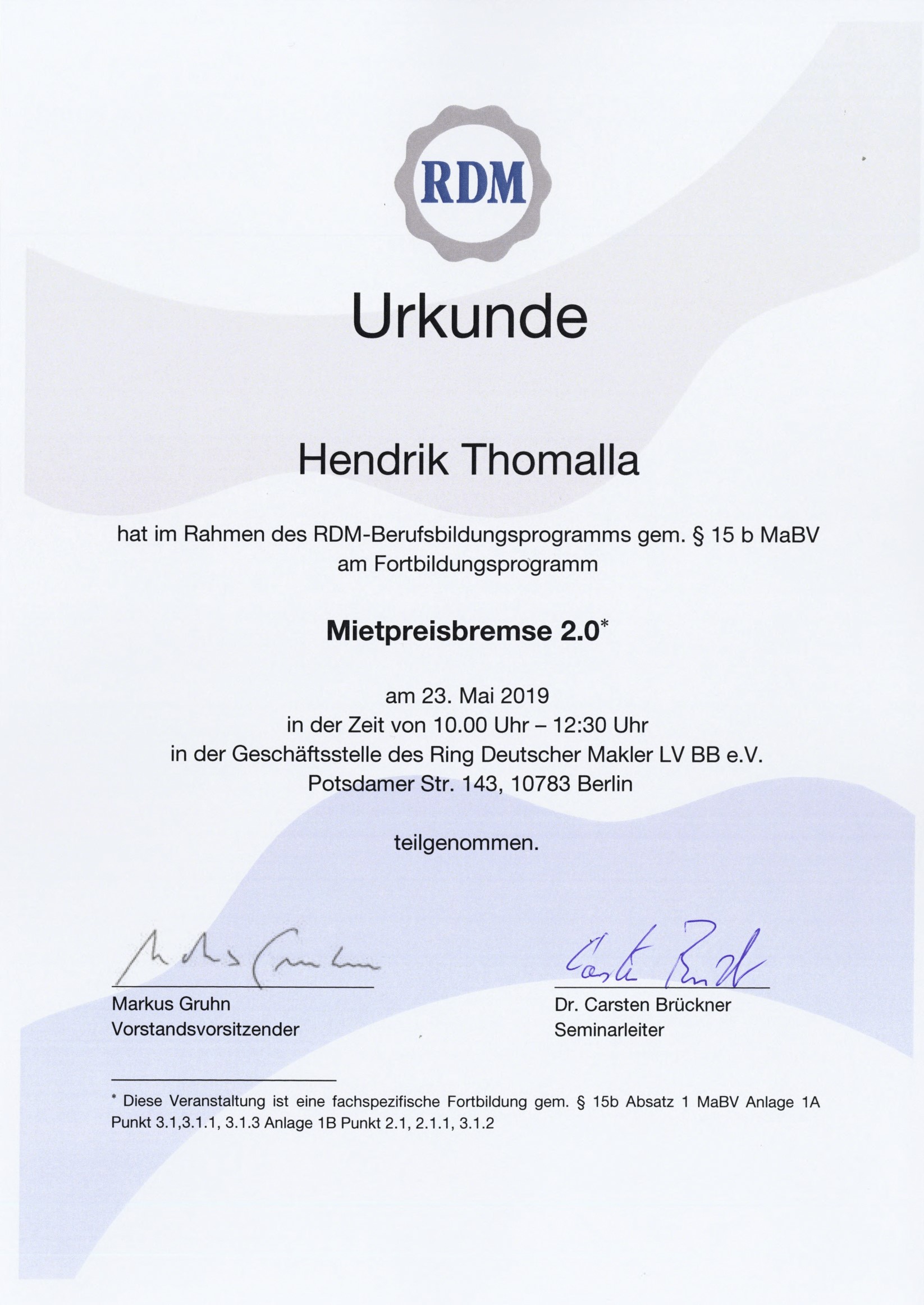 Fortbildungsurkunde des Ring Deutscher Makler für Hendrik Thomalla, Urkunde 2 von 13