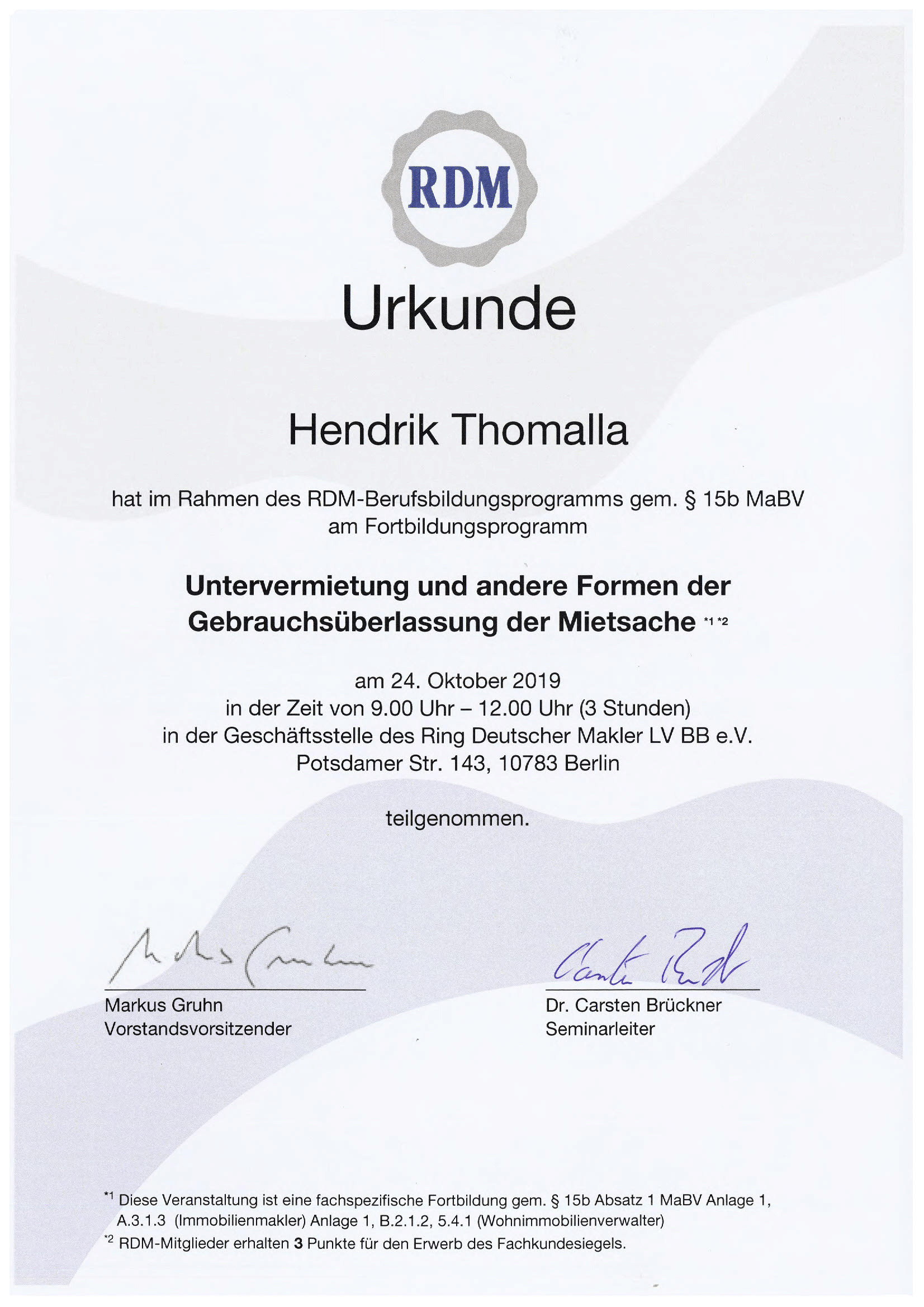 Fortbildungsurkunde des Ring Deutscher Makler für Hendrik Thomalla, Urkunde 1 von 13